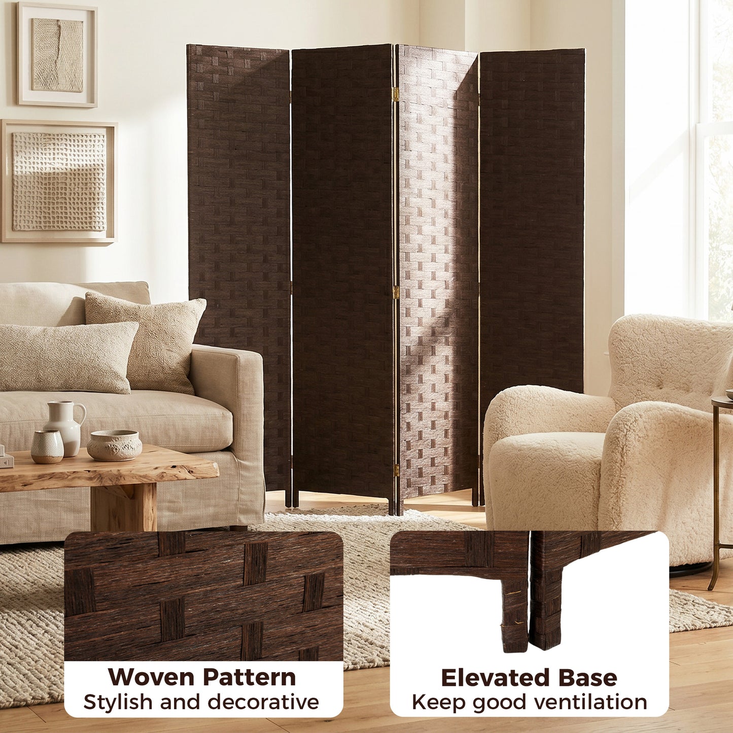 HOMCOM Wave Fibre Freestanding Folding Privacy Screen Four Panels Room Divider Dark Brown