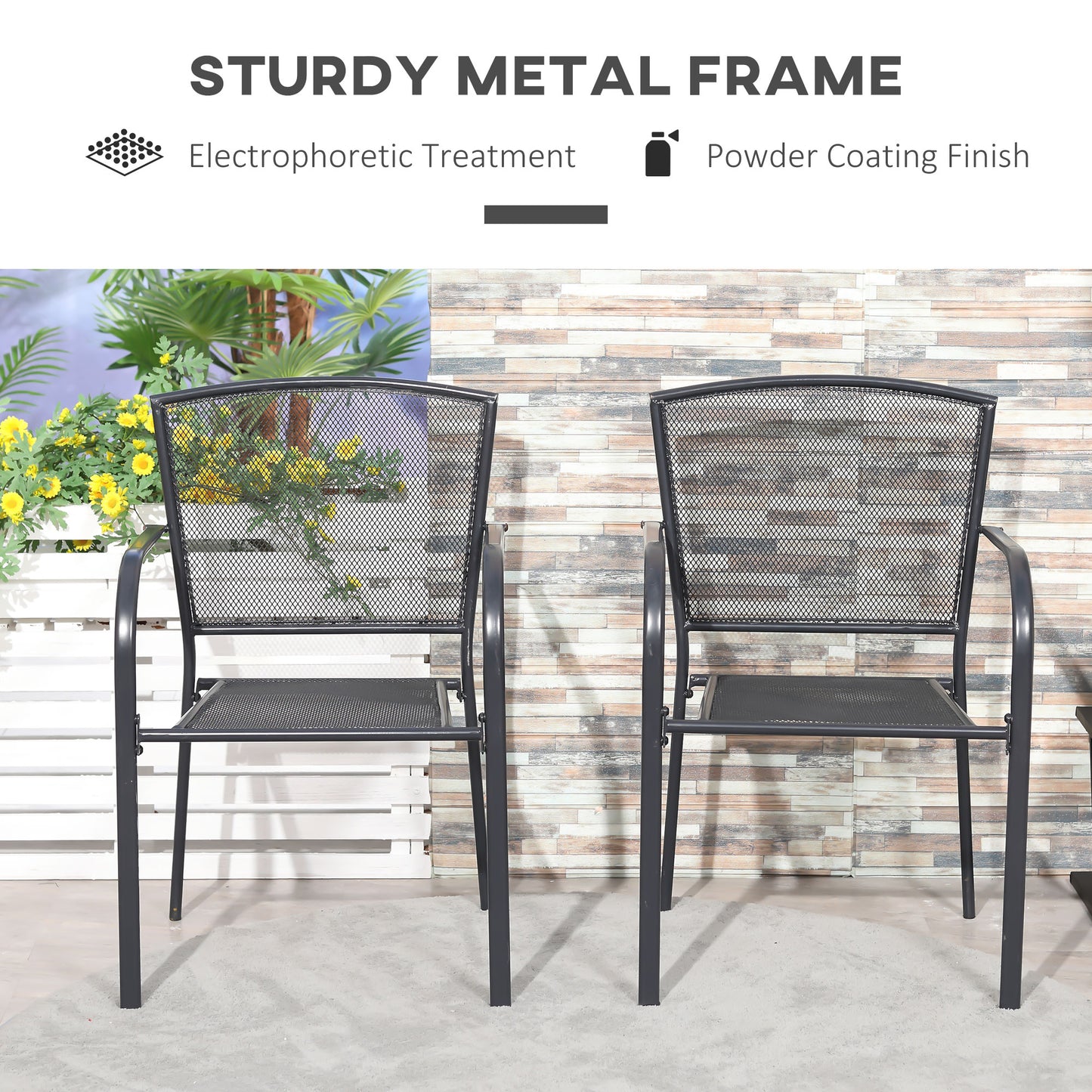 Outsunny Set of 2 Outdoor Metal Dining Chairs - Grey Garden Furniture for Patio and Lawn - ALL4U RETAILER LTD