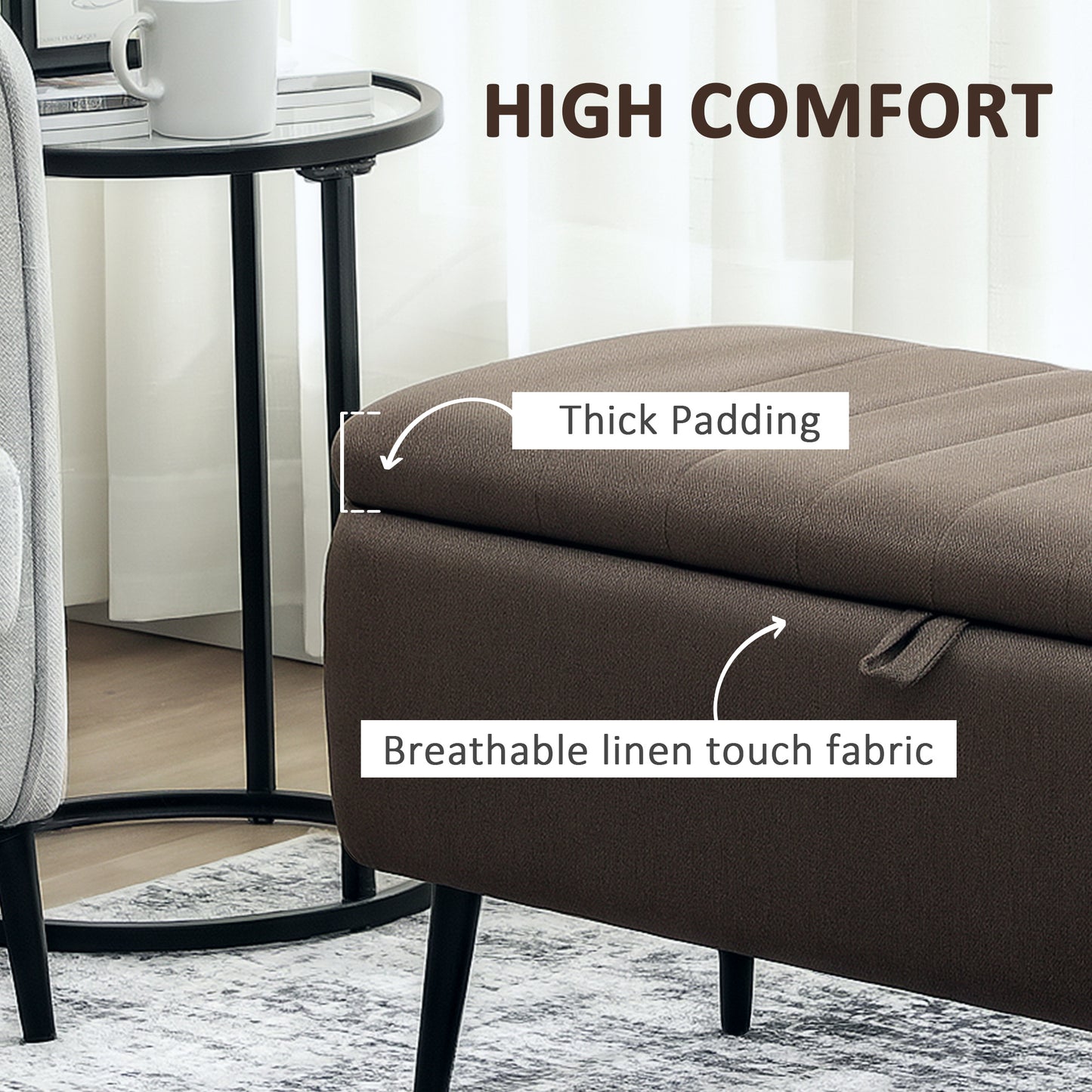 HOMCOM Linen Look Storage Ottoman 92 By 31 Cm Dark Brown With Padded Lid For Living Room And Bedroom