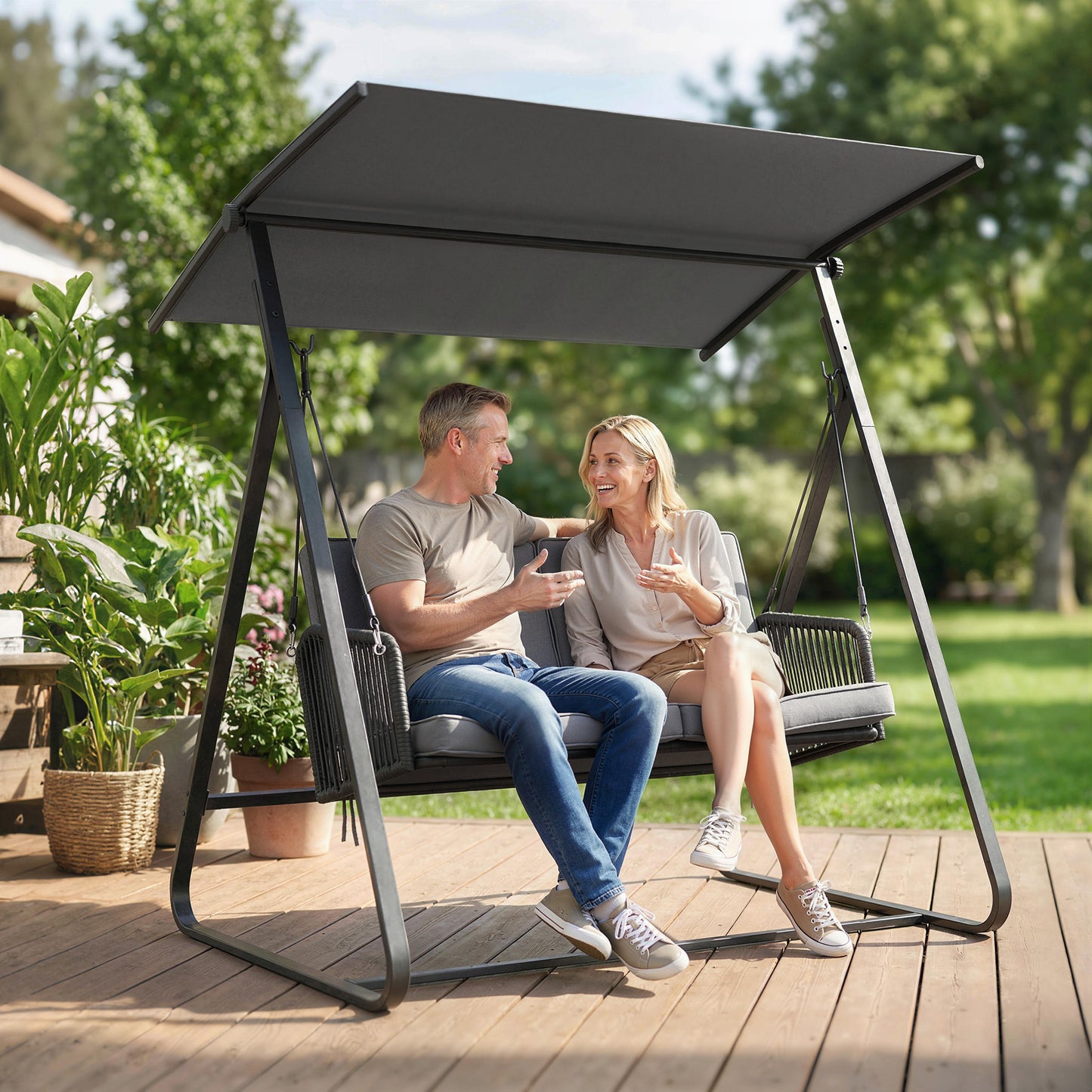 Outsunny 2-Seater Rattan Hanging Swing Chair For Outdoor Garden With Stand Adjustable Canopy And Cushions