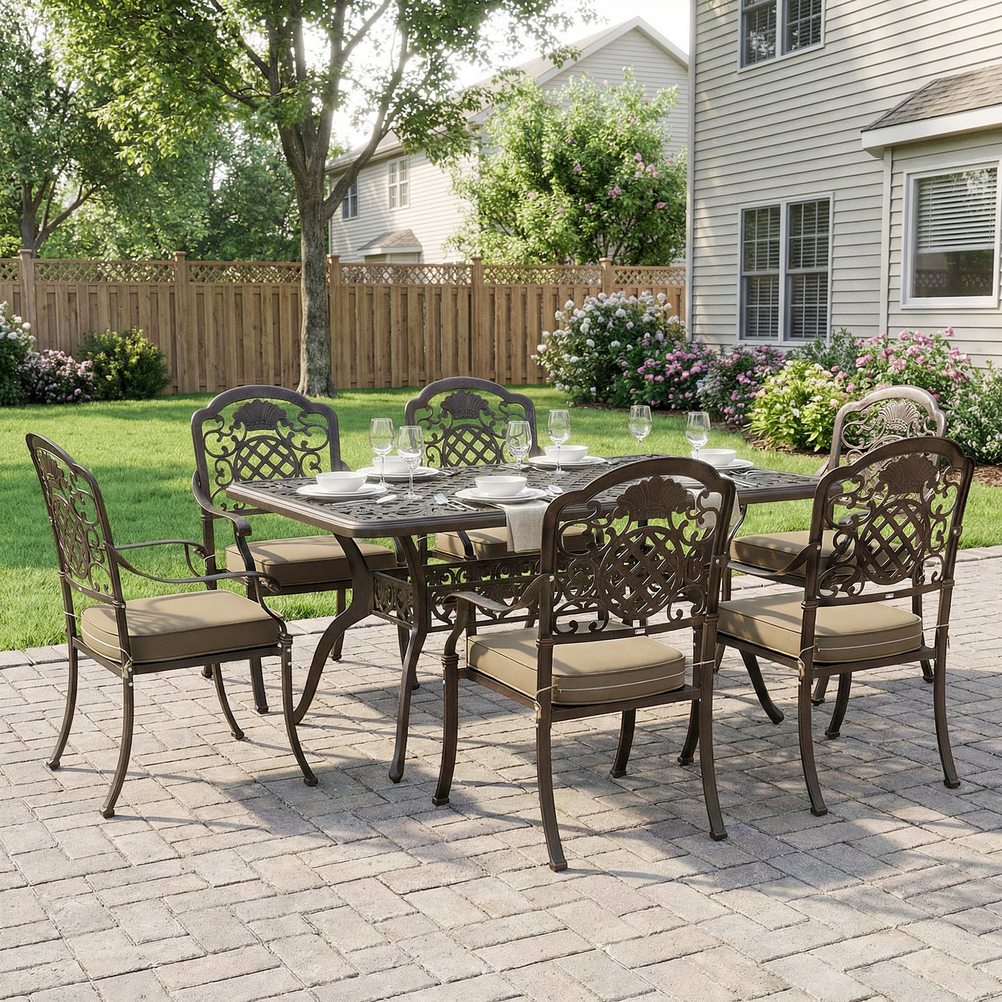Outsunny Garden Dining Set For 6 Cast Aluminium Outdoor Table And Chairs With Cushions And Parasol Hole Bronze Tone