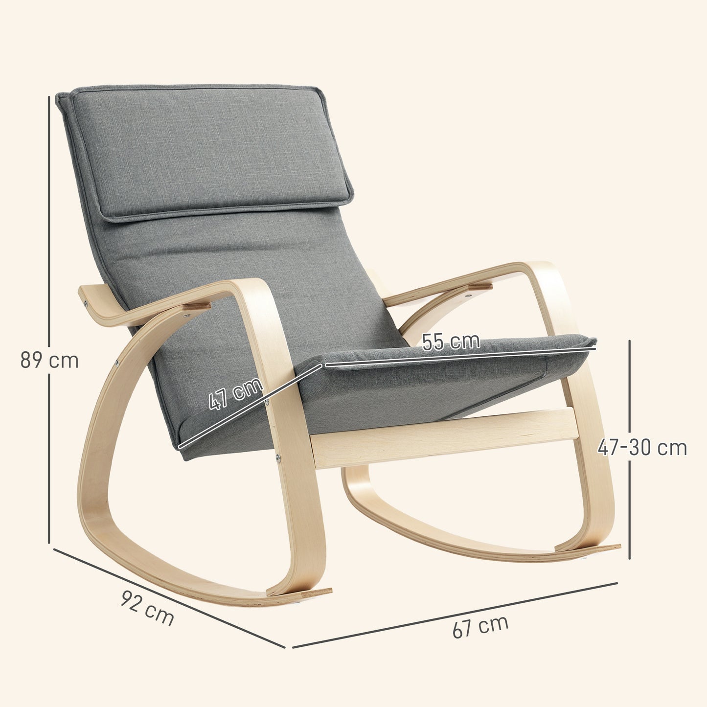 HOMCOM Comfortable Rocking Chair Upholstered Lounge Chair Recliner With High Back And Headrest Grey