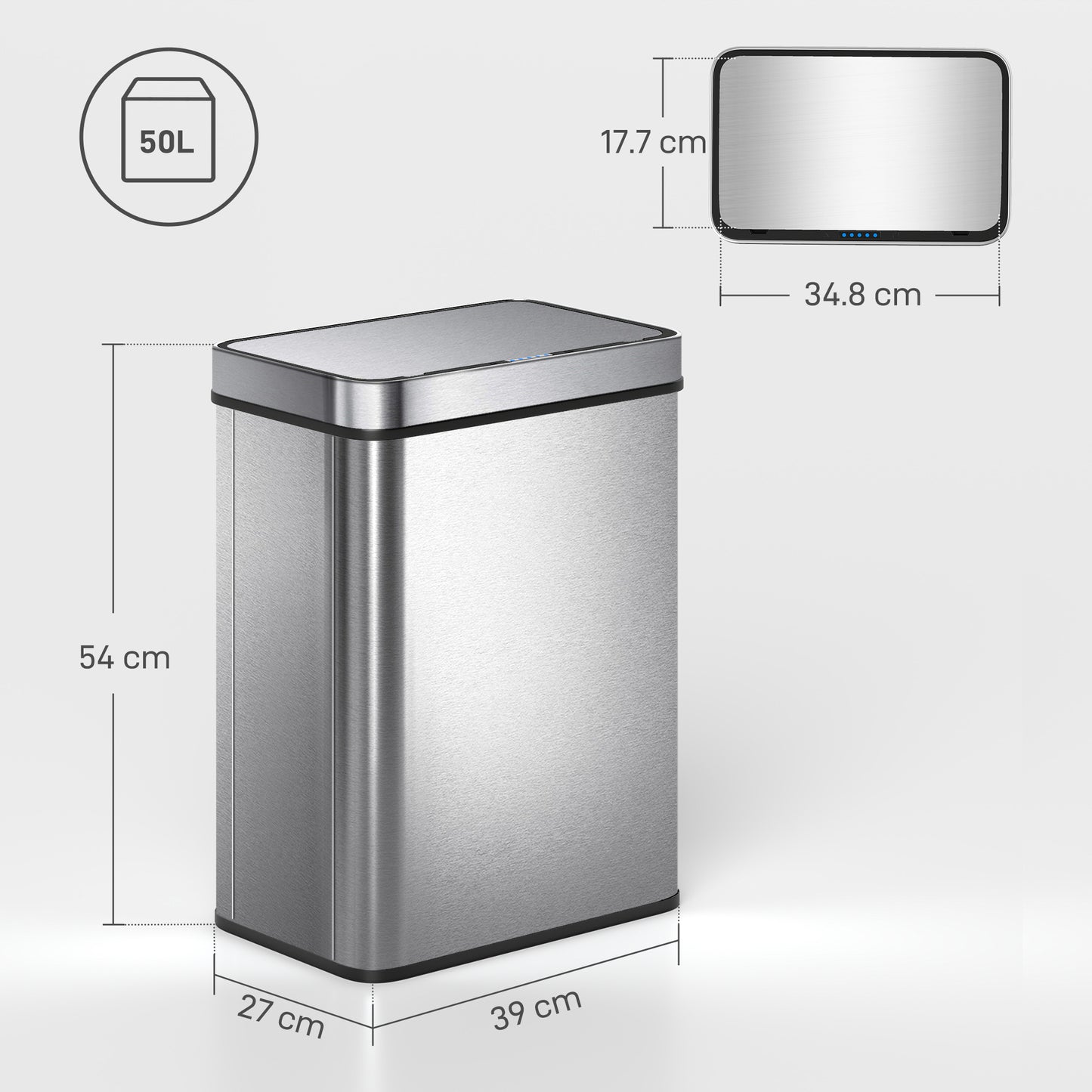 HOMCOM 50 L Sensor Bin with Soft-Close Lid, Fingerprint-Proof Stainless Steel, Silver Tone, Touchless Operation
