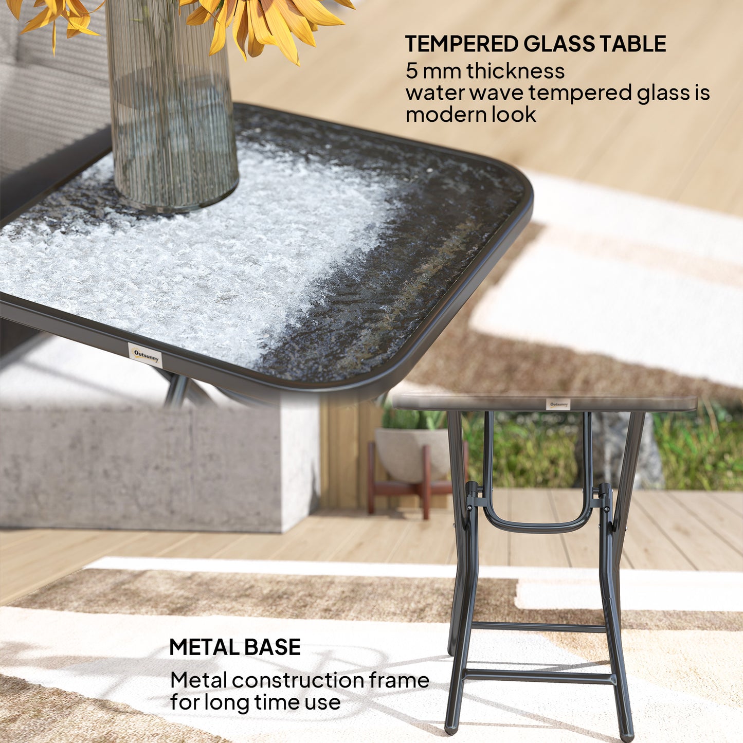Outsunny Foldable Garden Table Square 45x45 cm With Ripple Glass Top Black 50 cm High Patio Balcony Coffee Table