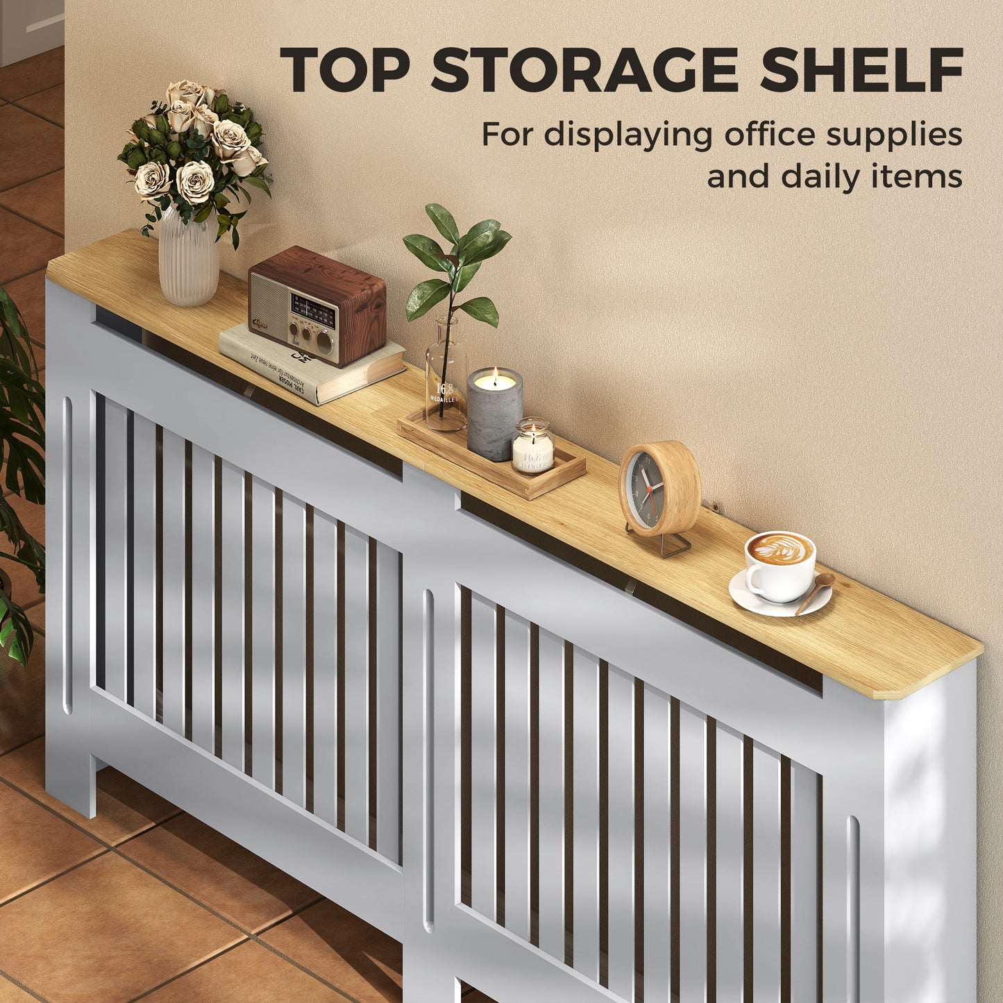 HOMCOM Slatted Radiator Cover Cabinet With Line Grill Design Grey 172L x 19W x 81H cm MDF