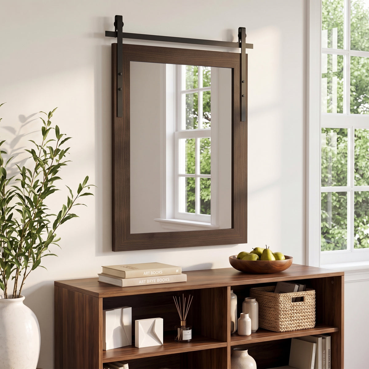 Rectangular dark brown wall mirror in wooden frame with black hanging hardware