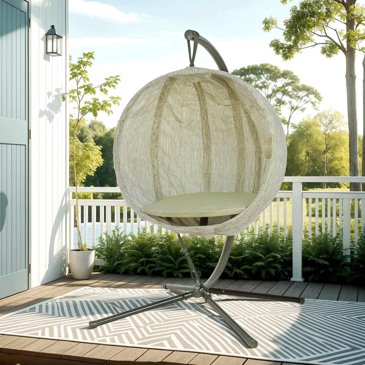 Outsunny Hanging Egg Chair Garden Swing With Folding Basket Thick 13cm Cushion Cup Holder Patio Khaki