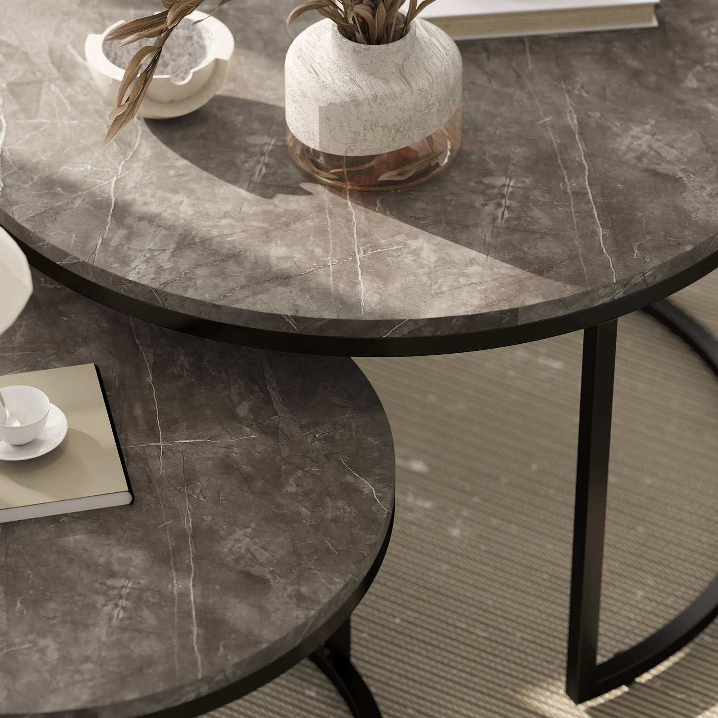 HOMCOM Industrial Nesting Round Coffee Tables Set 2 With Faux Marbled Top And Steel Frame