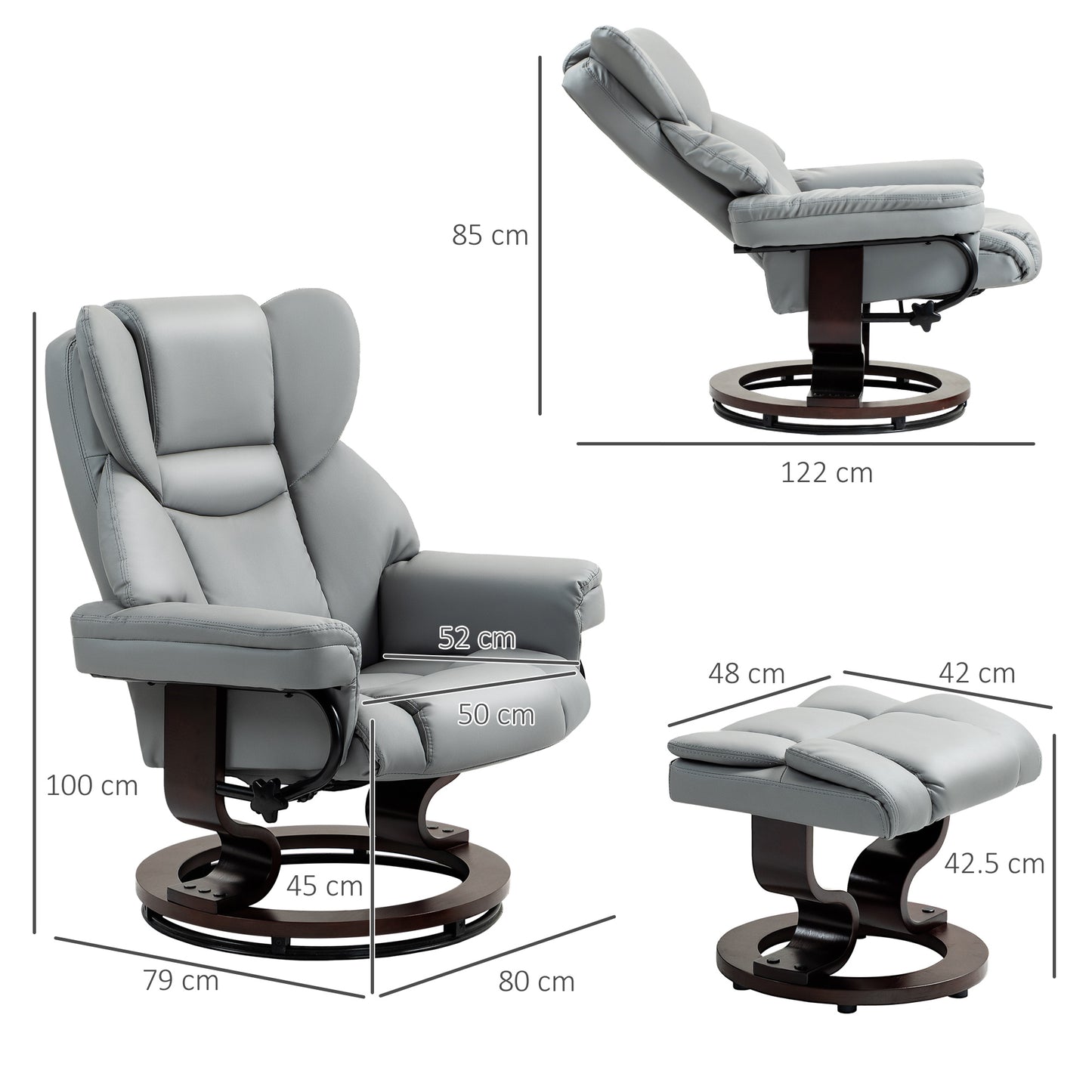 HOMCOM 360 Degree Swivel Recliner Chair With Footstool Light Grey PU Leather Manual Armchair With Solid Wood Base