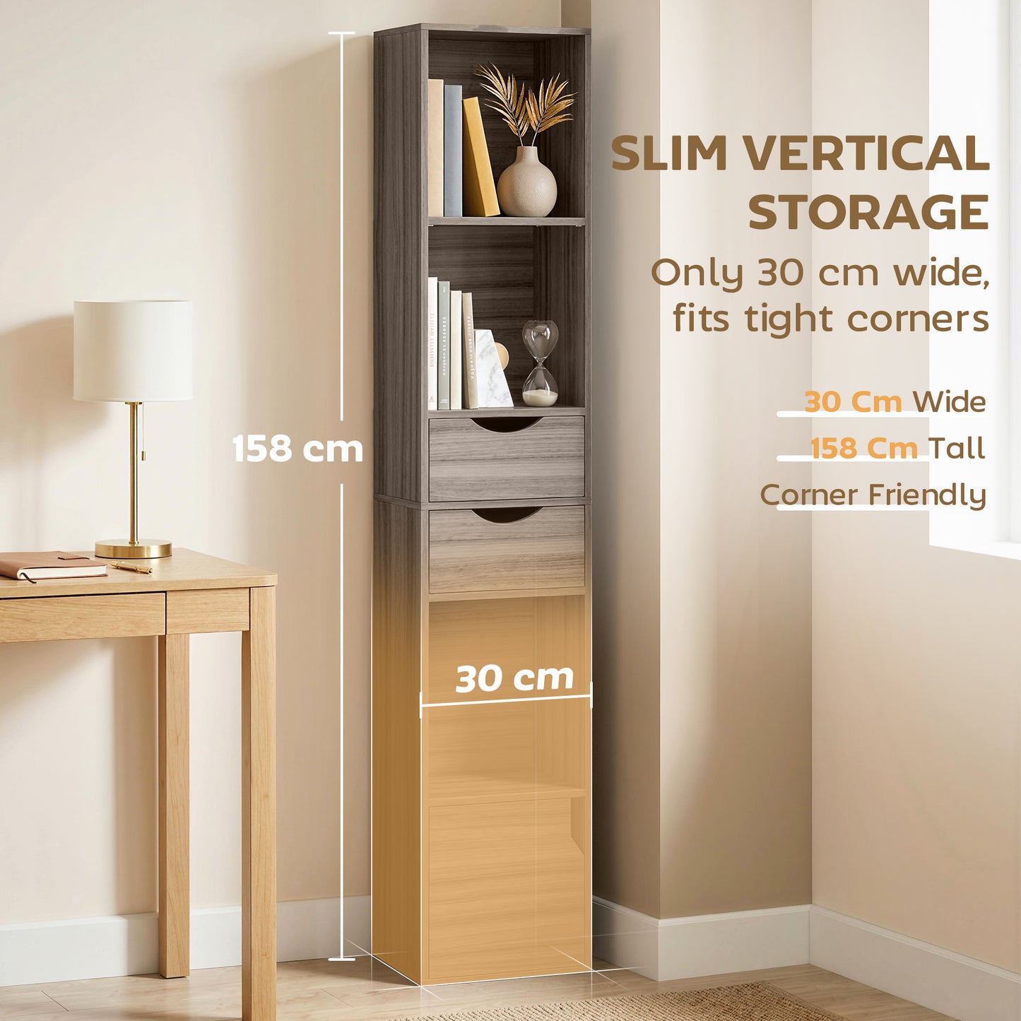 HOMCOM 158 Cm Grey Bookcase With Two Drawers And Cabinet Adjustable Shelves Open Storage For Living Room Or Office