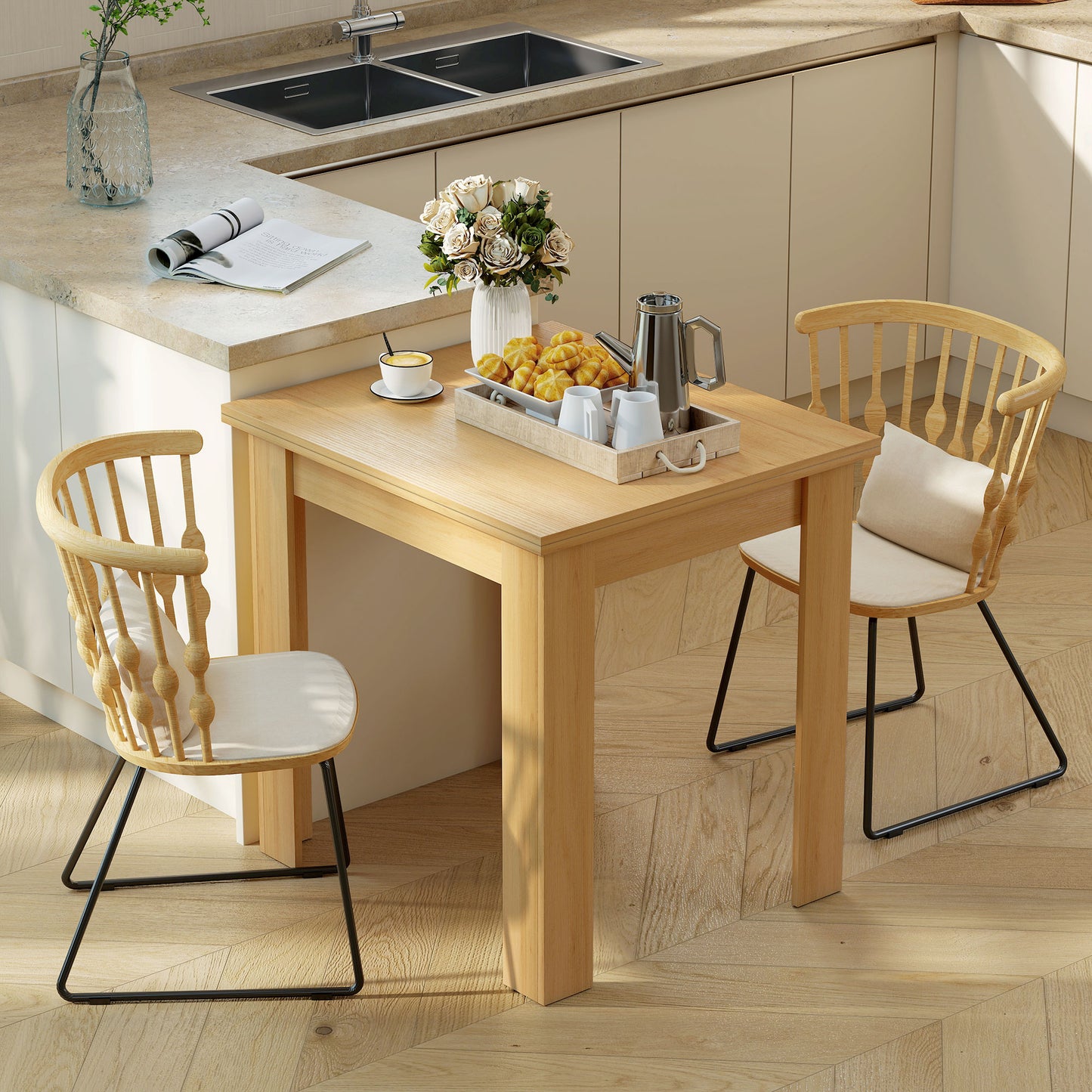 HOMCOM Square Dining Table White Wood Effect Modern Small Dining Table Space Saving with Non Slip Foot Pads