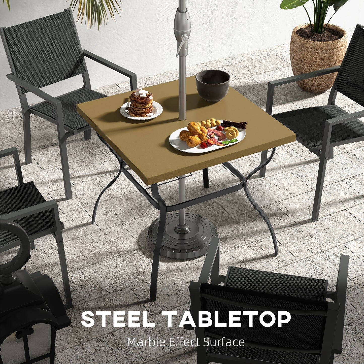 Ousunny Square Steel Garden Dining Table with Umbrella Hole for 4 People - Marble Effect Top in Black/Brown - ALL4U RETAILER LTD