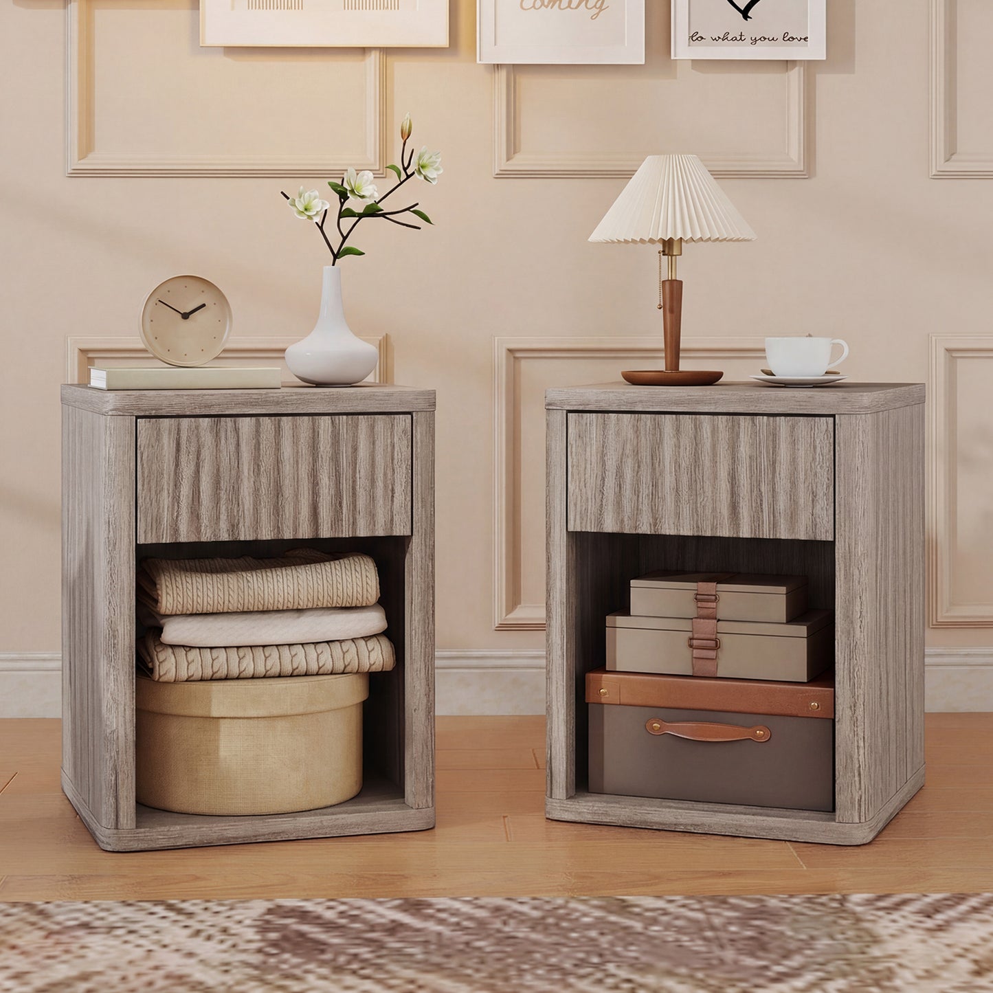 HOMCOM Modern Bedside Table Set of 2 With Drawer and Open Shelf Nightstands for Bedroom Oak Finish
