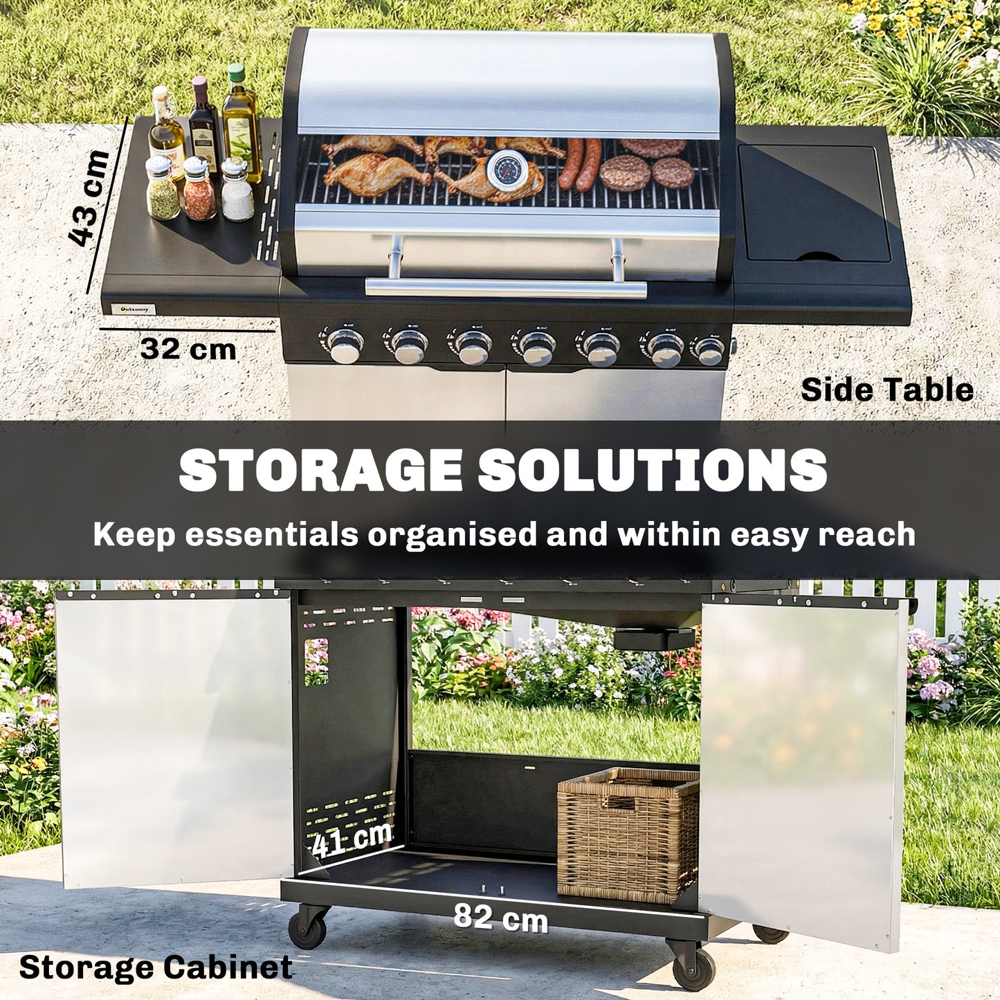 Outsunny Six Plus One Burner Gas BBQ Grill Outdoor Trolley With Wheels Warming Rack Thermometer Bottle Opener Silver