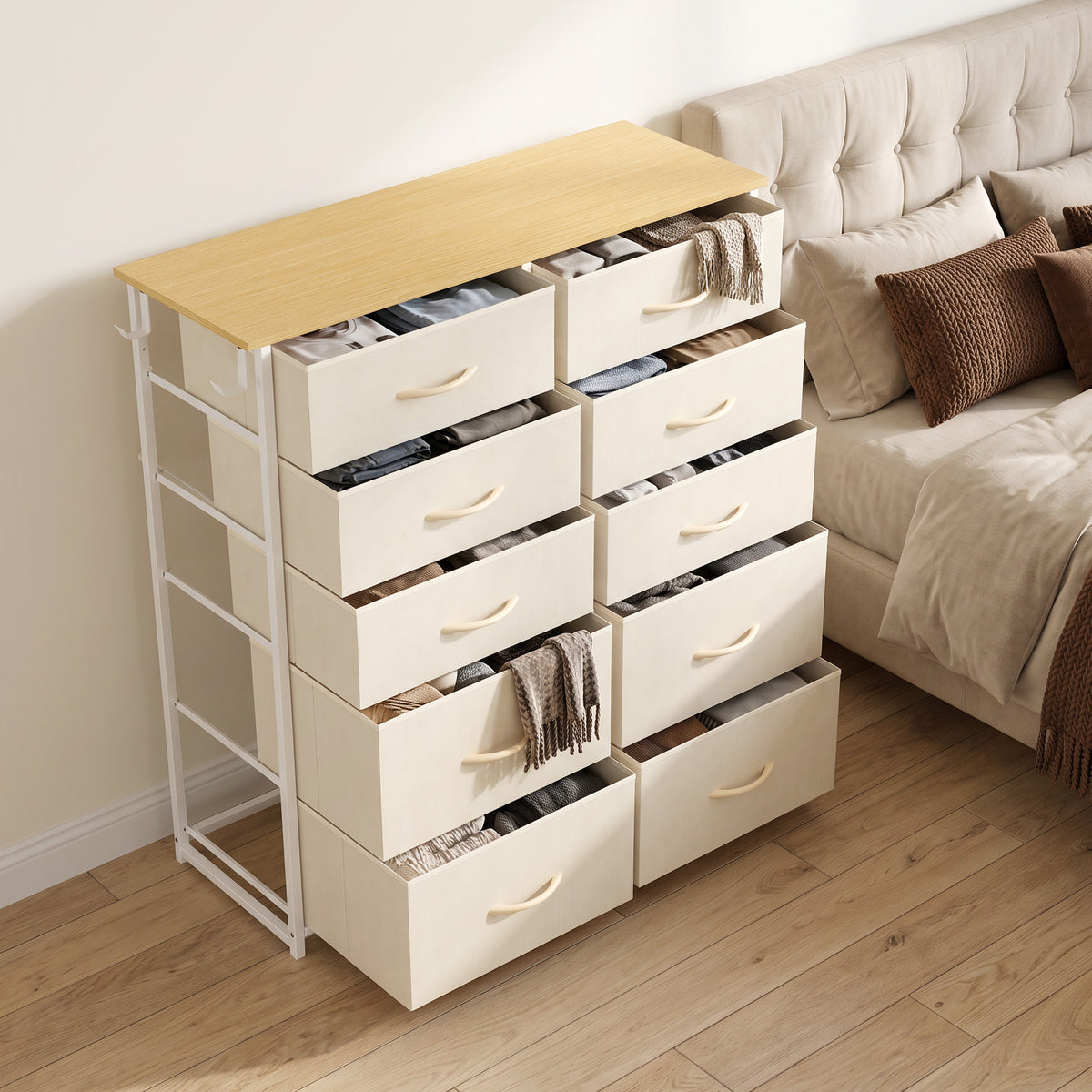 Homcom 10 Drawer Fabric Dresser With Steel Frame And Hooks Beige