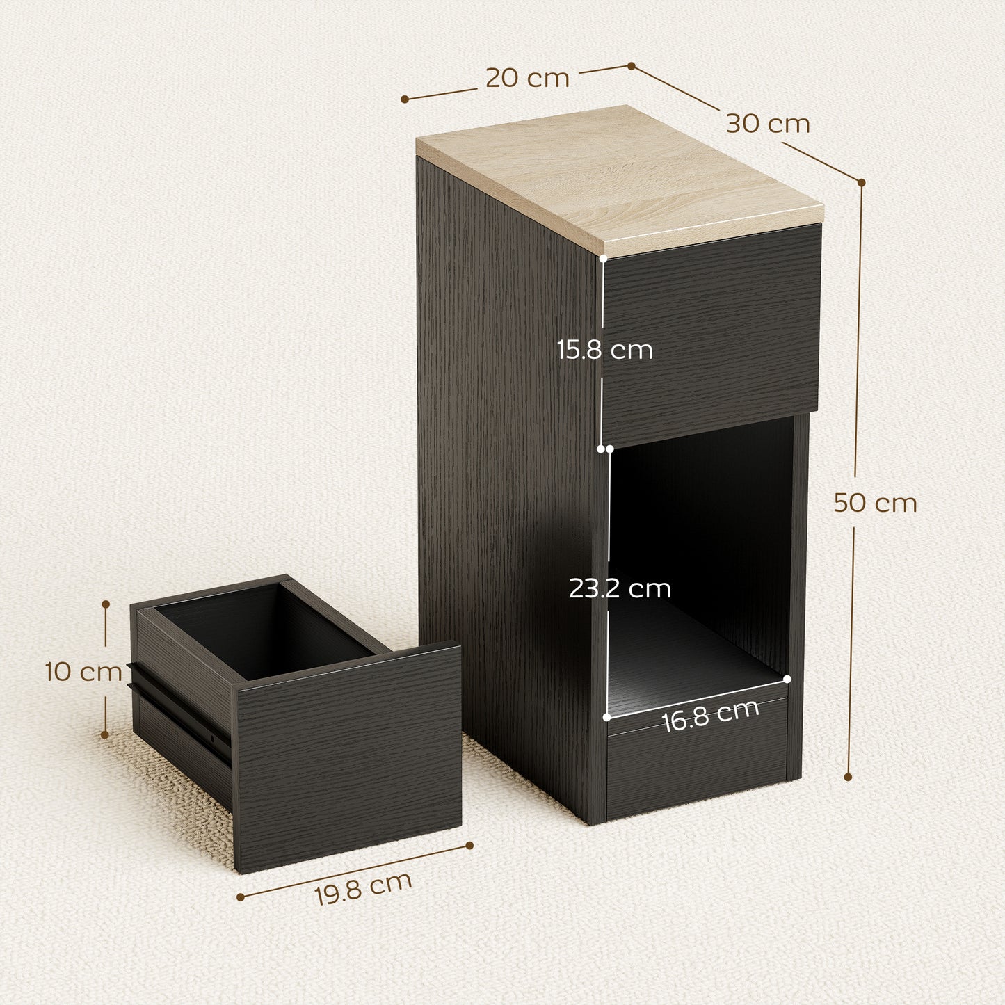 HOMCOM Set Of Two Modern Black Storage Bedside Tables With Wood Effect Tops For Small Spaces