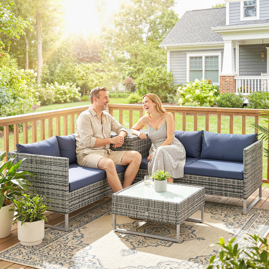 Outsunny 4 Piece Rattan Garden Furniture Set Outdoor Corner Sofa With Storage Table Cushions Dark Blue