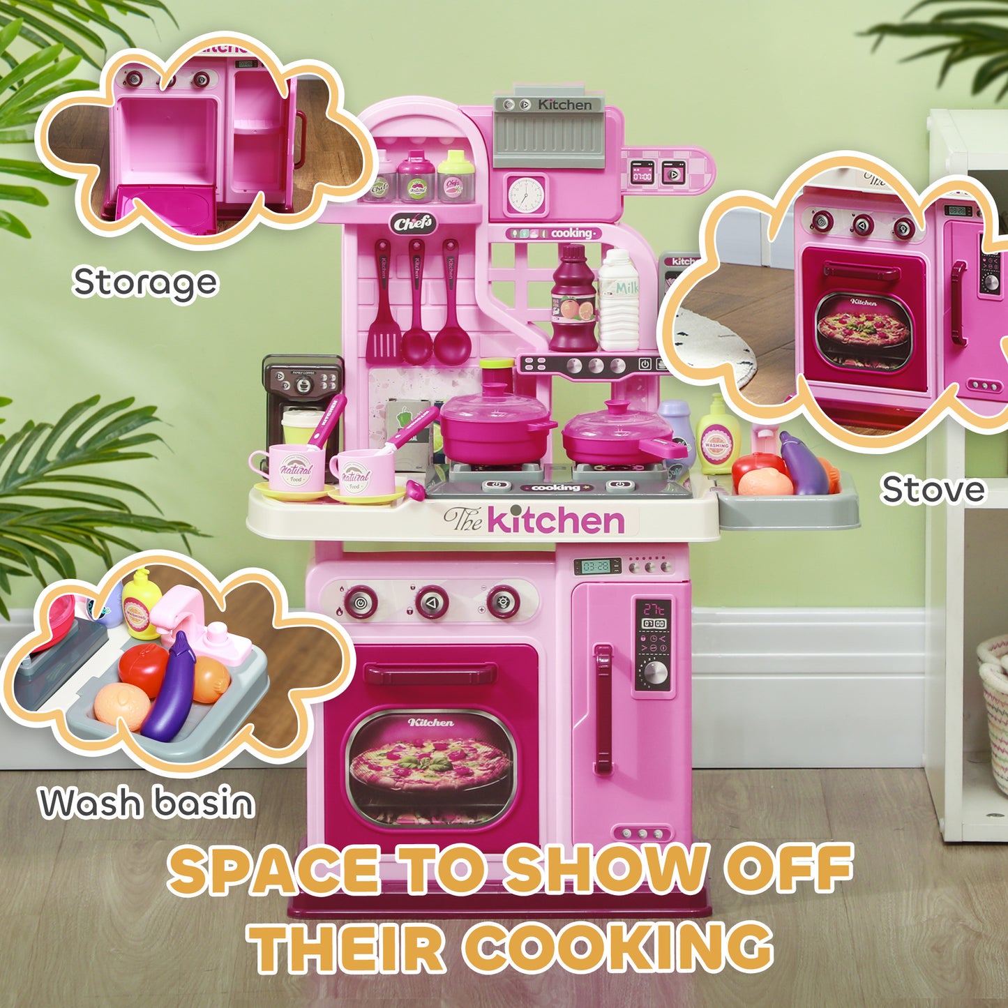 AIYAPLAY 33-Piece Pink Kitchen Playset for Kids with Lights, Sounds, and Storage - Perfect for Ages 3-6