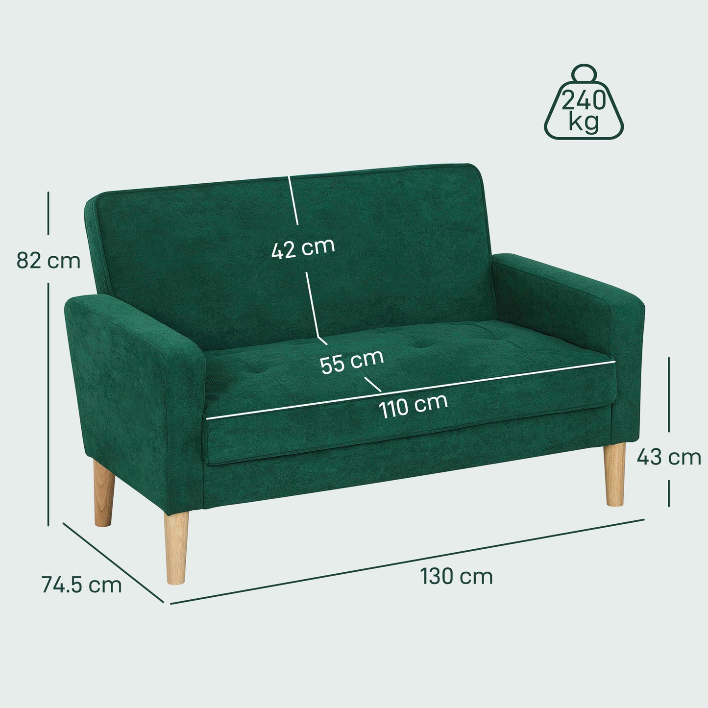 Homcom Velvet Feel Two Seater Sofa Green With S Springs And Wooden Legs Anti Slip Pads