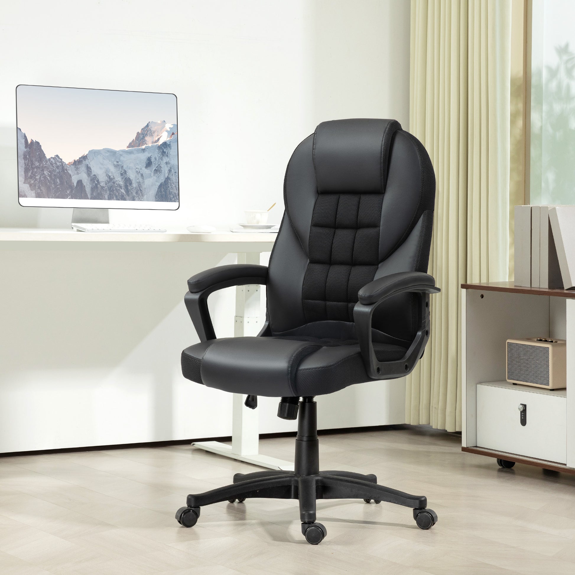 HOMCOM High Back Swivel Office Chair with Adjustable Height and Tilt Function, Black PU Leather Desk Chair - ALL4U RETAILER LTD