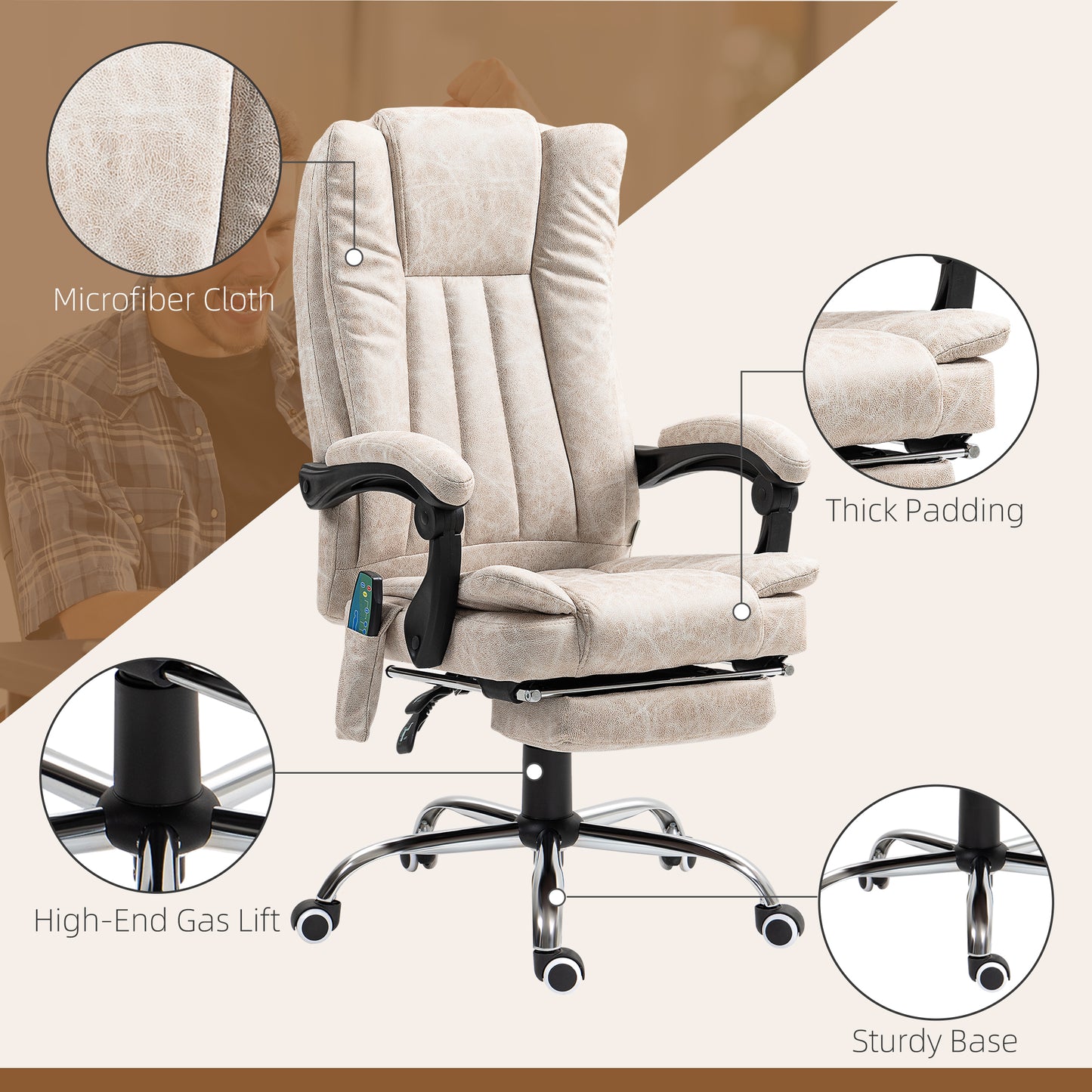 Vinsetto Cream White Heated Vibrating Massage Office Chair with Adjustable Height and Footrest - ALL4U RETAILER LTD