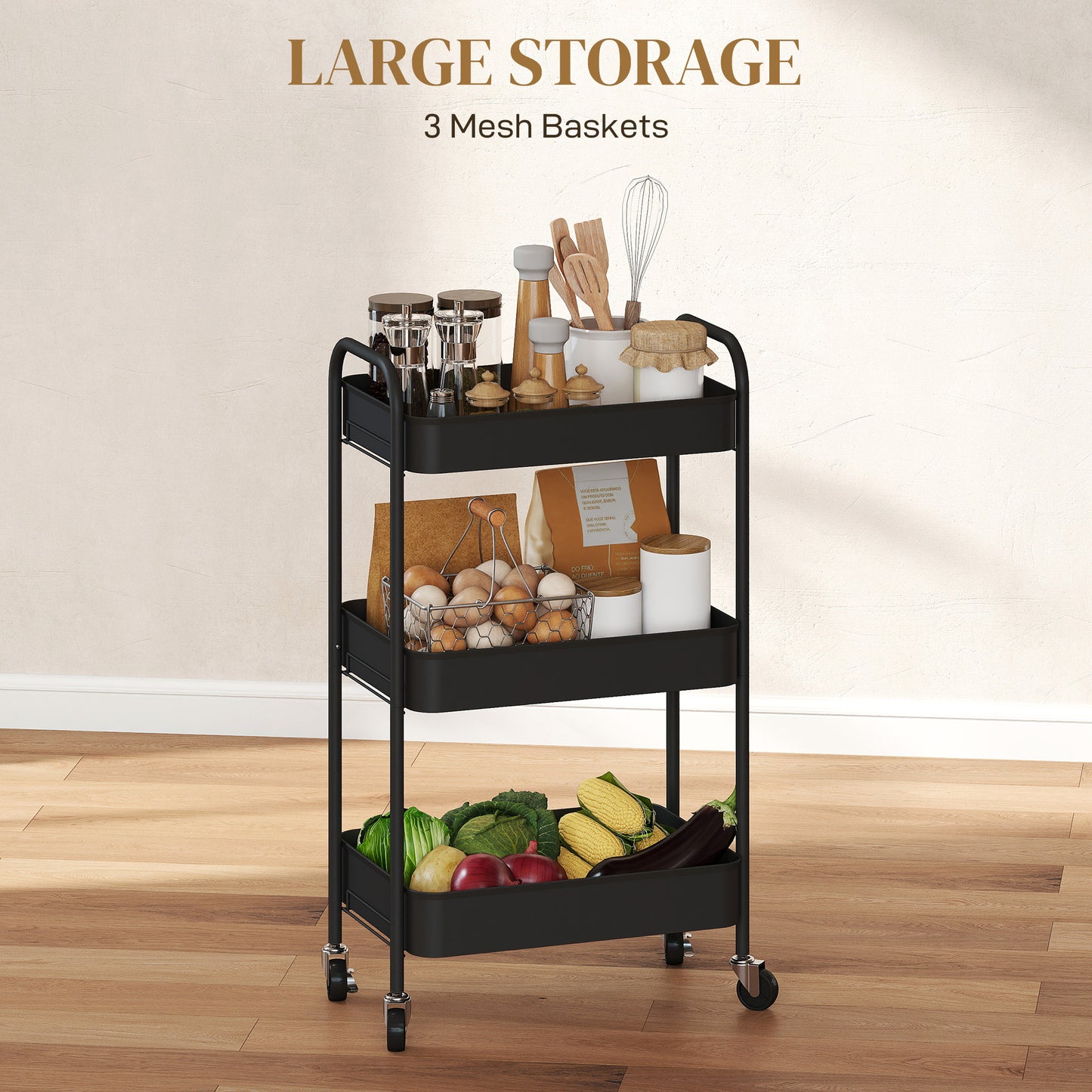 HOMCOM Three Tier Steel Storage Trolley Black Rolling Cart With Three Baskets For Home Kitchen Laundry Office