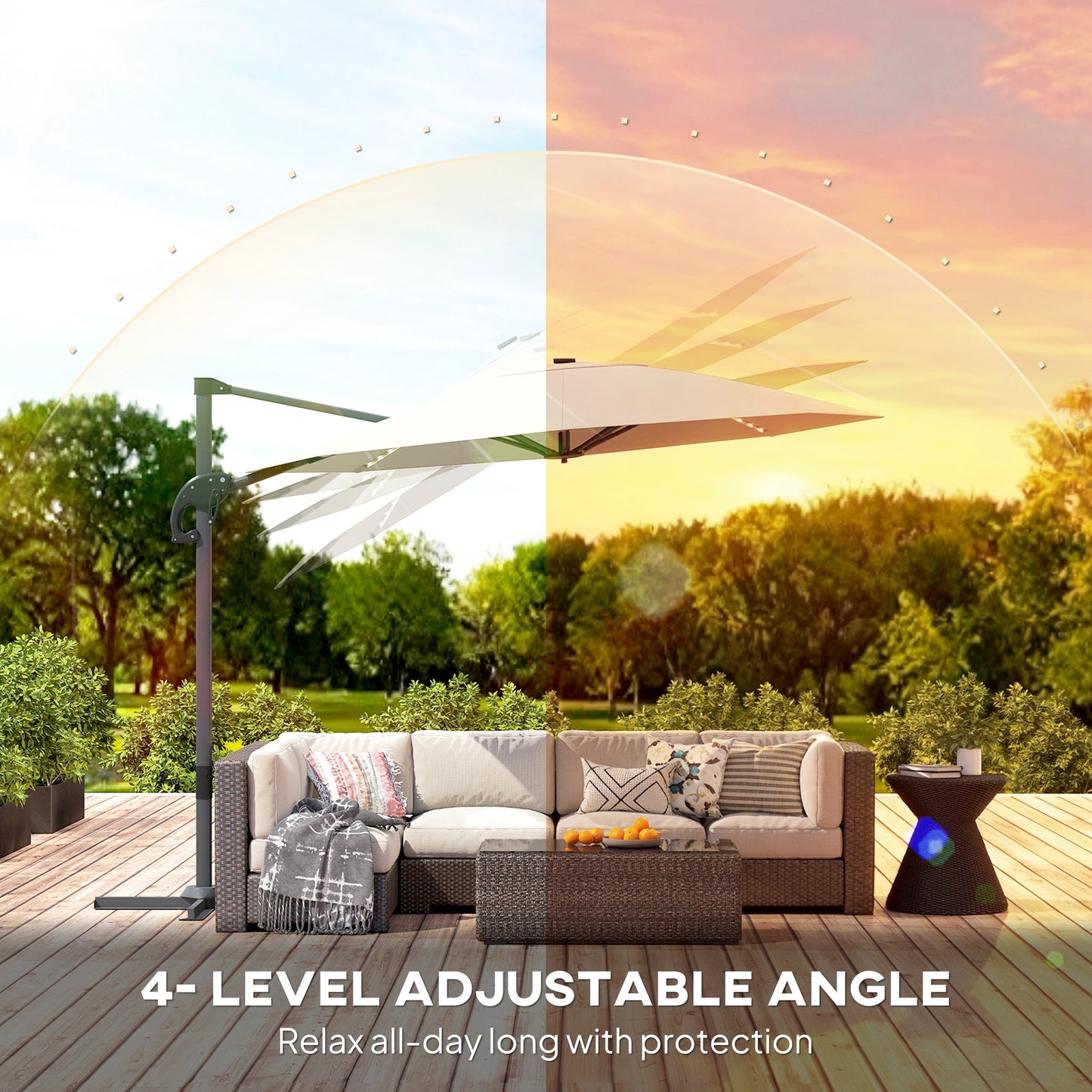 Outsunny 3m Cantilever Parasol With 360 Degree Rotation Solar Powered Lights Crank Handle Cross Base UPF 50 Cream