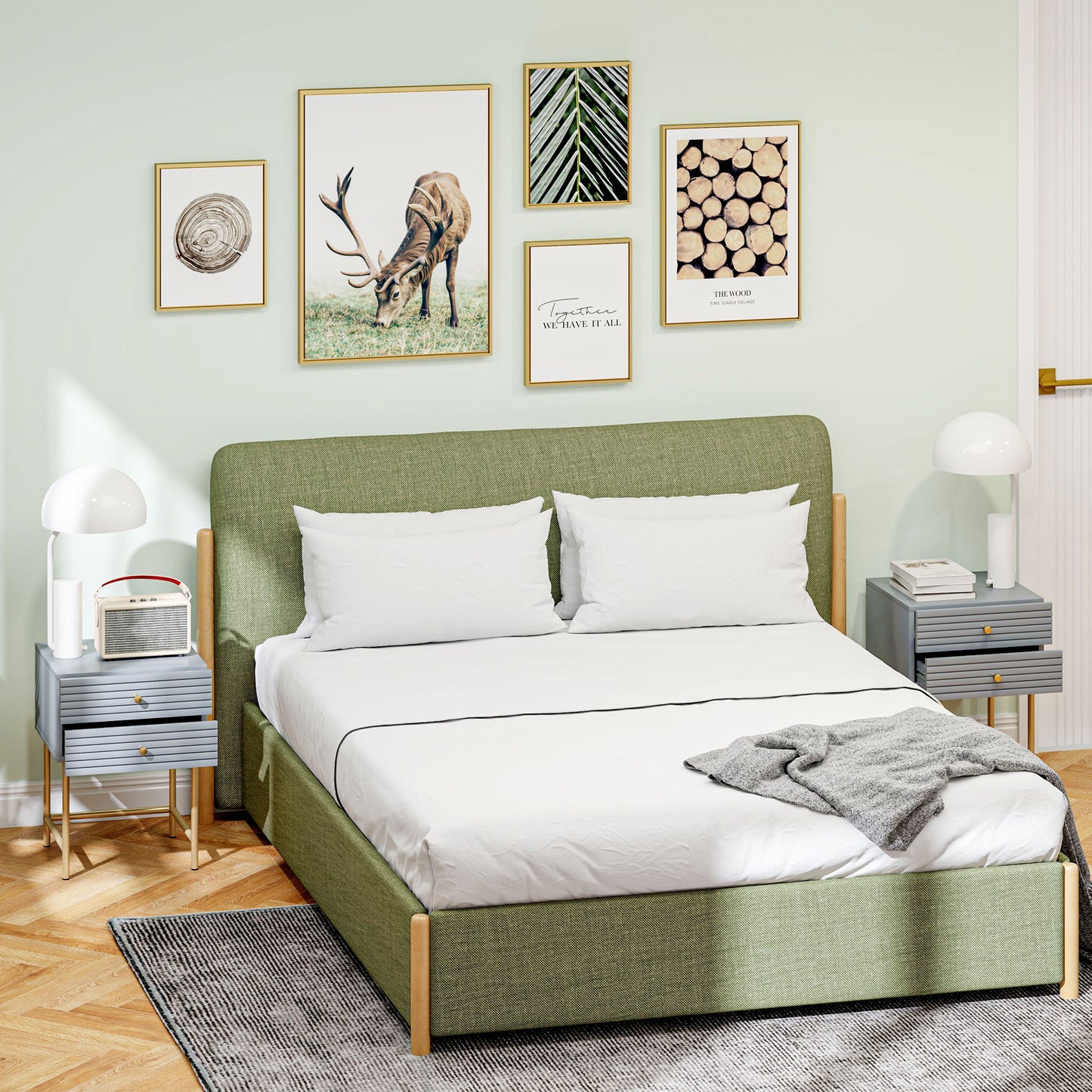 HOMCOM Set Of Two Elegant Bedside Tables With Grey Boxy Frames And Gold Tone Accents Having Two Drawers