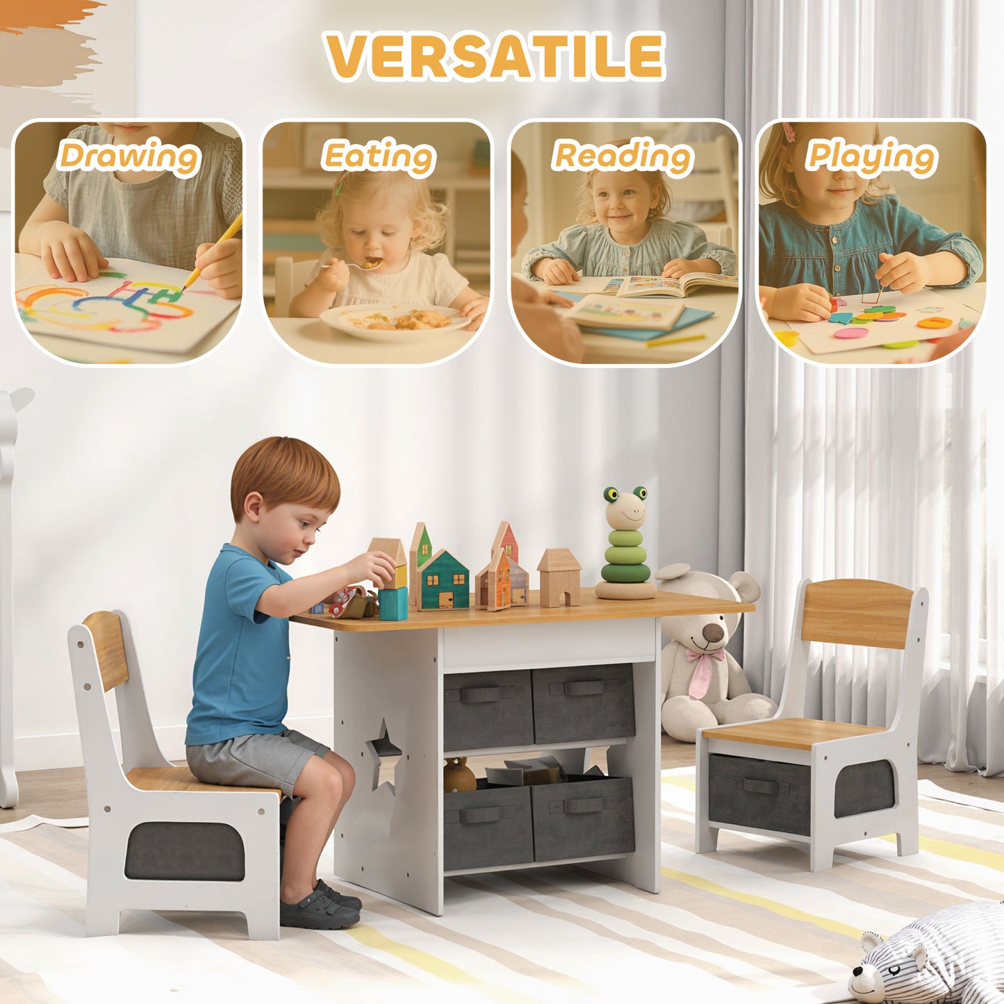 AIYAPLAY Kids Table and Chair Set With 2 Chairs 6 Removable Drawers For Ages 3 To 8 Natural Finish