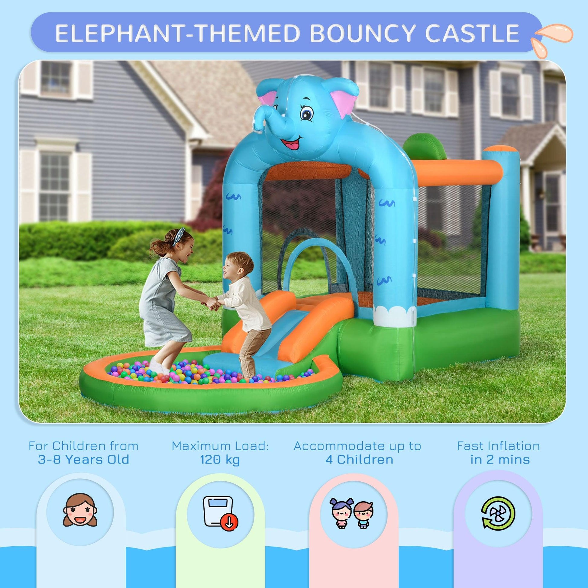 Outsunny 4 in 1 Elephant-Themed Inflatable Water Park, Kids Bouncy Castle, for Ages 3-8 Years - Multicoloured - ALL4U RETAILER LTD