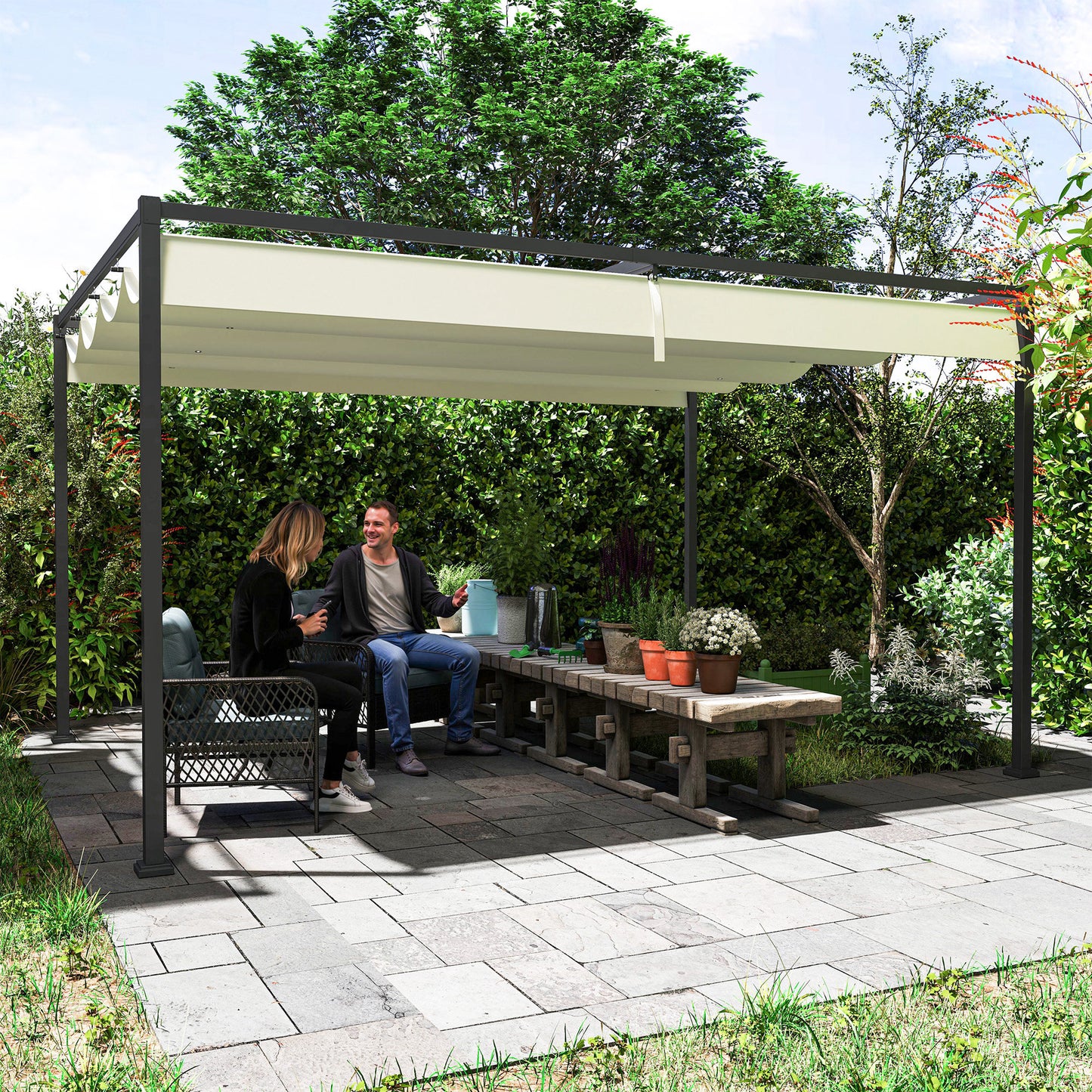 Outsunny 4 X 3 Meters Metal Pergola With Retractable Roof Cream White For Outdoor Patio Garden Gazebo Shelter