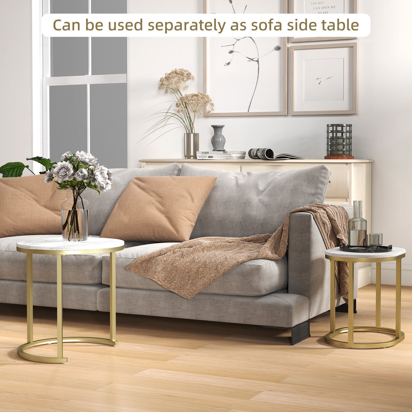 HOMCOM Nest Of Tables With Steel Frame And Faux Marble Tabletops, Modern Coffee Table Set Of 2, Gold Tone And White