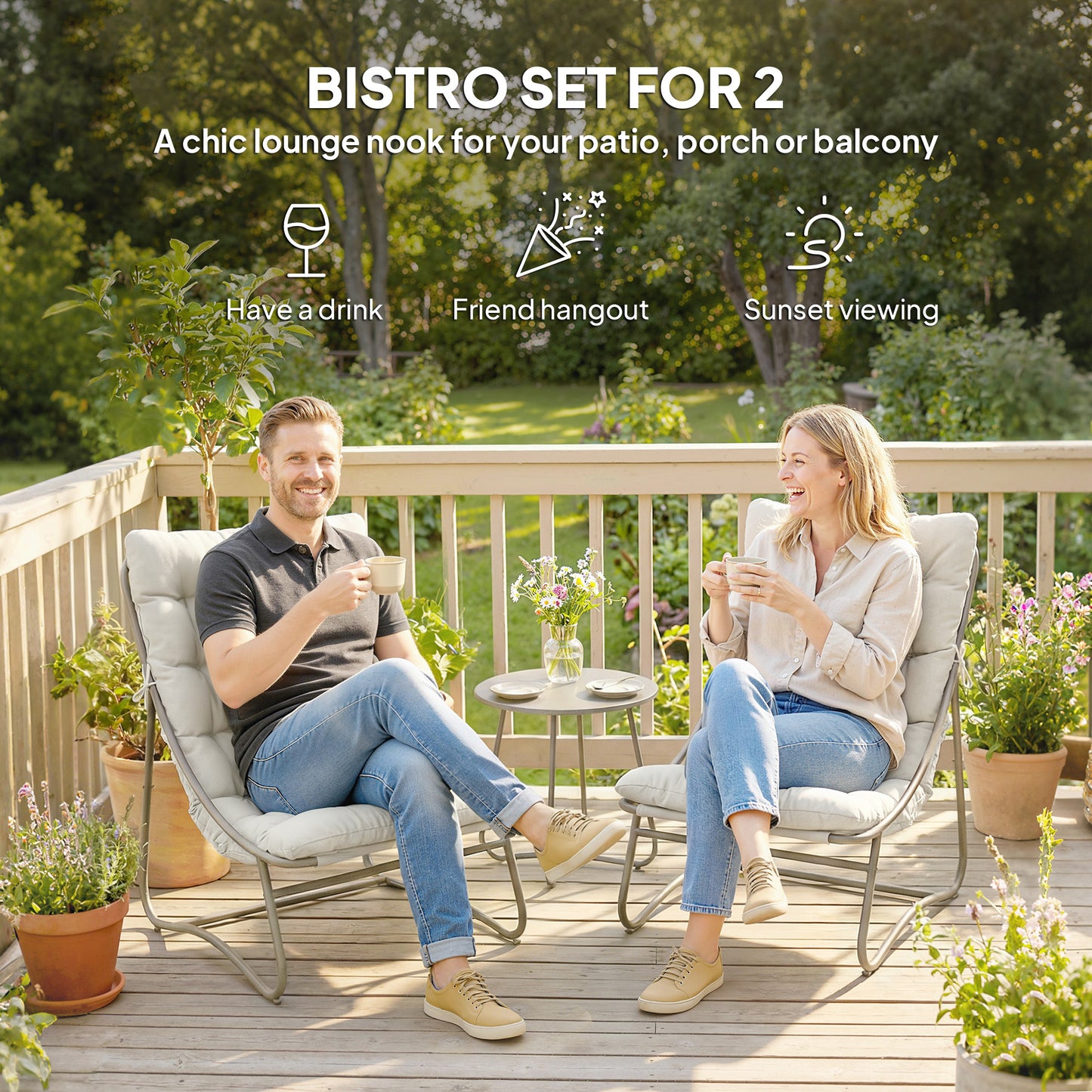 Outsunny 3 Piece Garden Bistro Set With Round Outdoor Table And Chairs For Two Texteline Seats And Cushions Light Grey