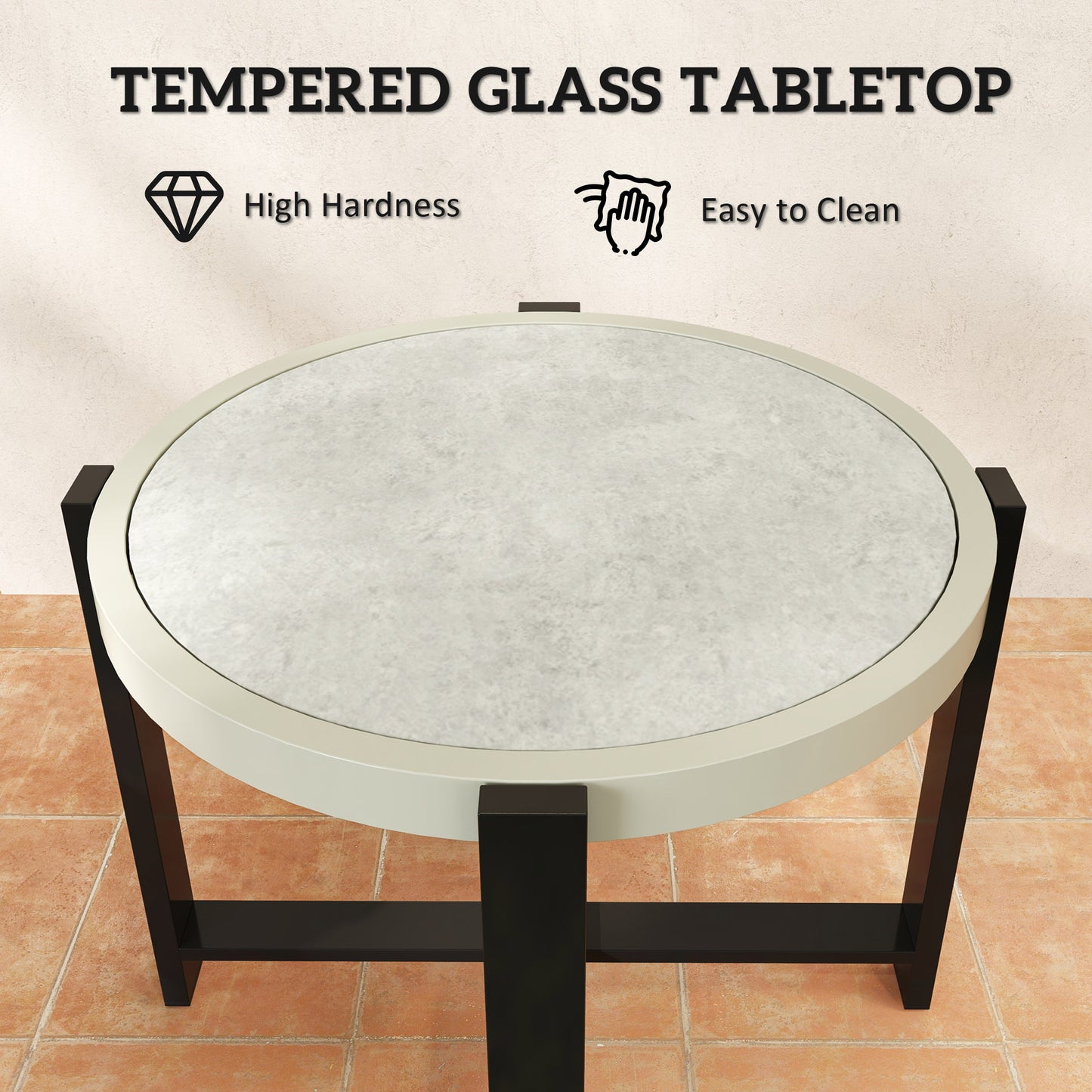 Outsunny Round Garden Table 60cm Outdoor Side Table With Faux Marble Tempered Glass Top Aluminium Frame Light Grey