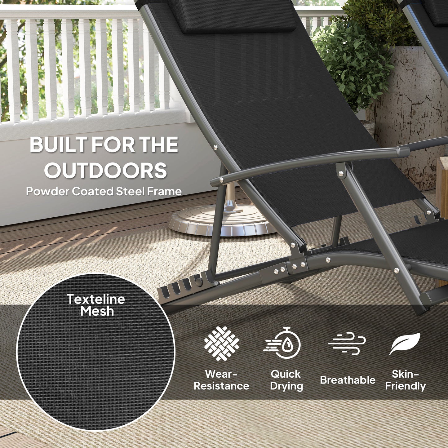 Outsunny Set of Two Adjustable Back Sun Loungers Black With Quick Dry Texteline Mesh and Cushioned Pillows