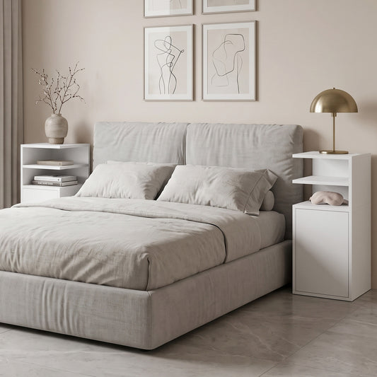White slim bedside table set with open cubby shelves and enclosed cabinet