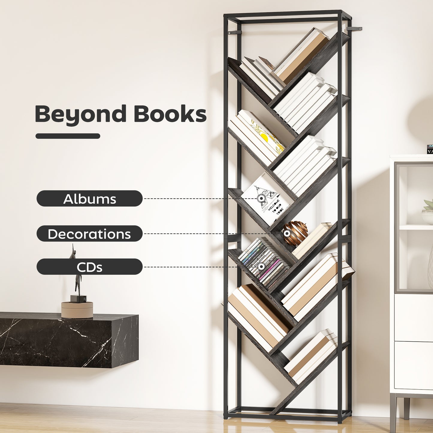 HOMCOM 10 Shelf Industrial Style Tree Bookshelf Tall 170 Centimeters With Branches Design And Metal Frame Black Grey
