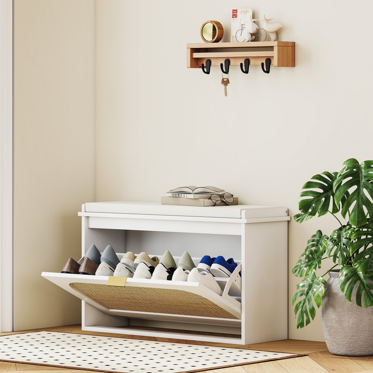 HOMCOM Boho Style Shoe Bench With Padded Seat And Flip Drawer White For Entryway Organization