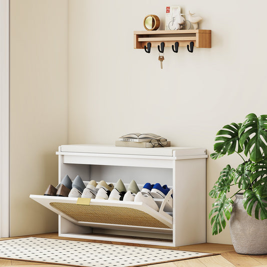 HOMCOM Boho Style Shoe Bench With Padded Seat And Flip Drawer White For Entryway Organization