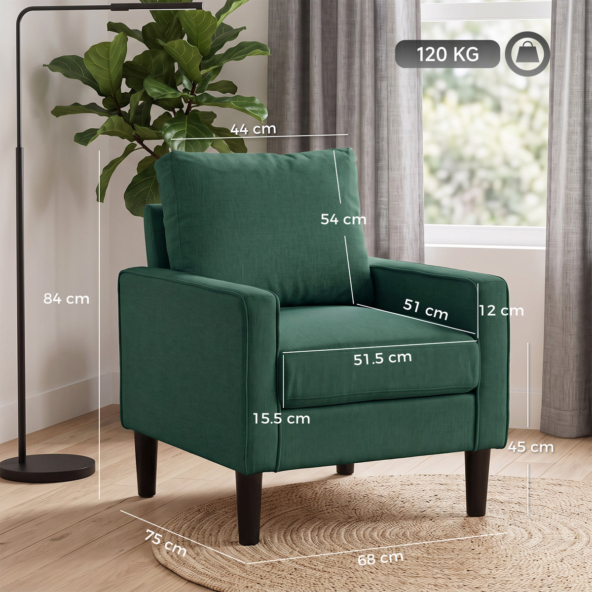 Dark green armchair with plush back and seat cushions, square track arms, dark legs