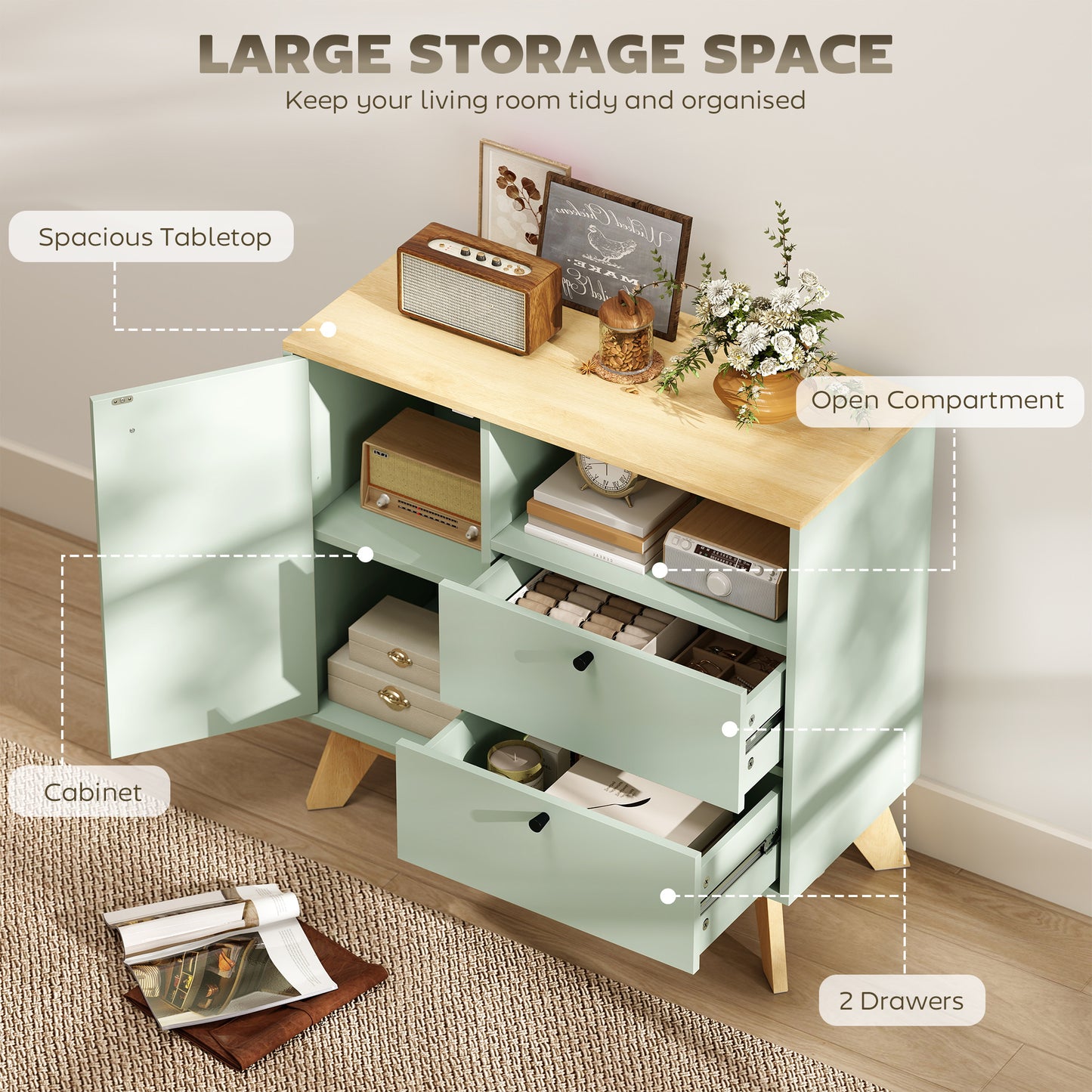 HOMCOM Light Green And Oak Sideboard Storage Cabinet 80 Cm Buffet With 2 Drawers Open Compartment Adjustable Shelf