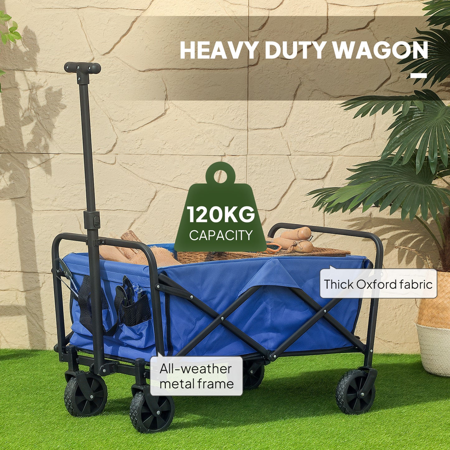Outsunny 62L Festival Trolley On Wheels With 120Kg Capacity Folding Cart For Beach Camping And Festival Blue