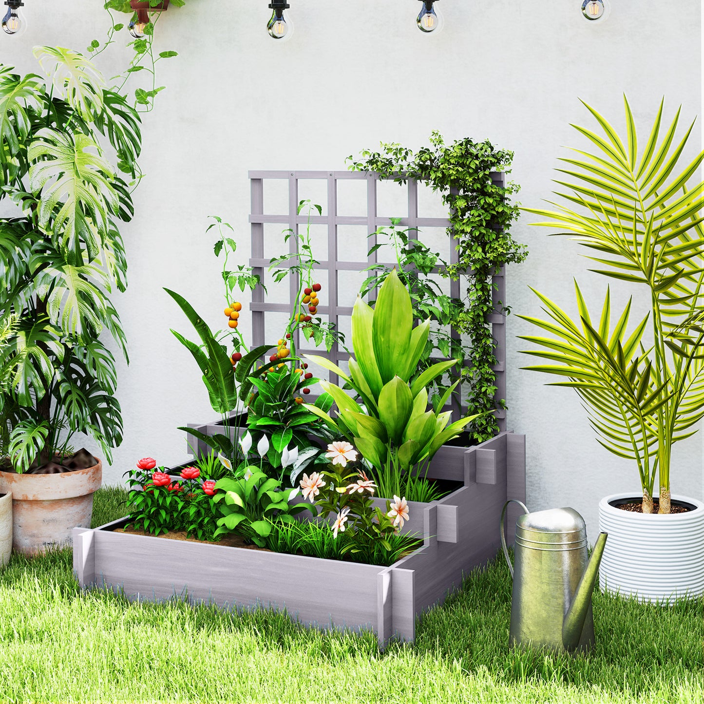 Outsunny 3 Tier Garden Planters with Trellis for Vine Climbing Wooden Raised Beds 95x95x110cm Grey Outdoor