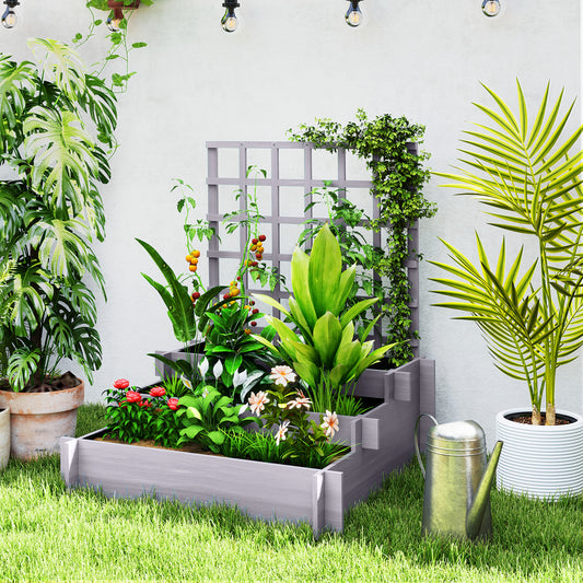 Outsunny 3 Tier Garden Planters with Trellis for Vine Climbing Wooden Raised Beds 95x95x110cm Grey Outdoor