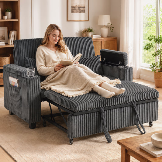 Dark gray corduroy sofa bed with pull-out sleeper and adjustable backrest