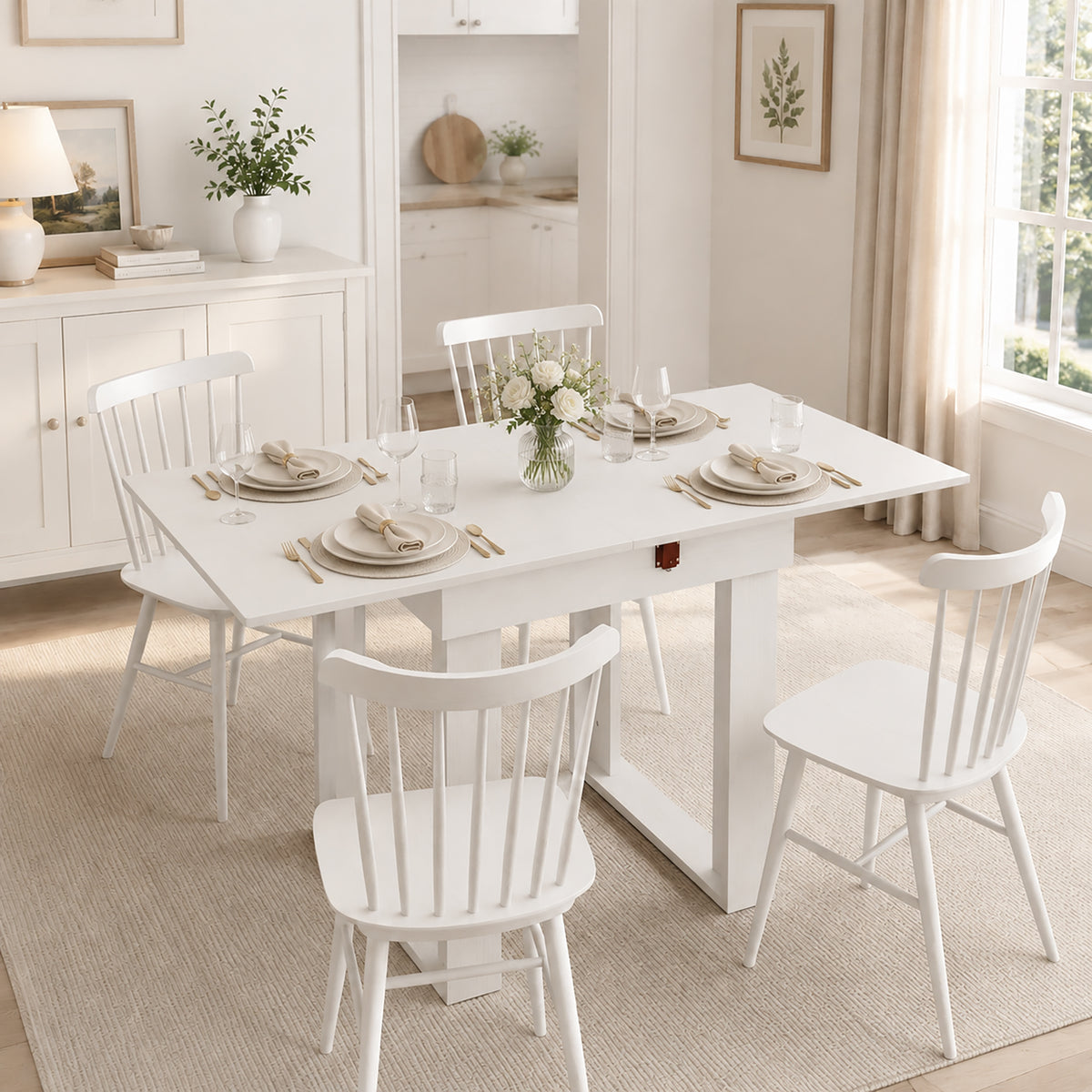HOMCOM Folding Extendable Dining Table With Storage White Steel Rails