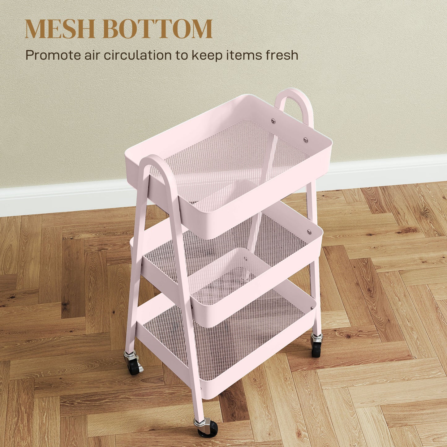 HOMCOM Three Tier Storage Trolley On Wheels Pink with Four Casters and Two Brakes