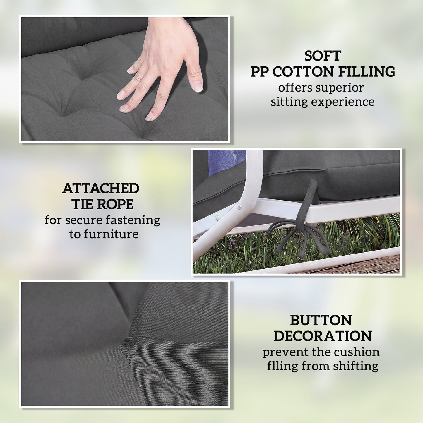 Outsunny 110 X 120 Cm Black Garden Bench Cushion For 2 Seater Swing Chair Indoor Outdoor Use With Ties