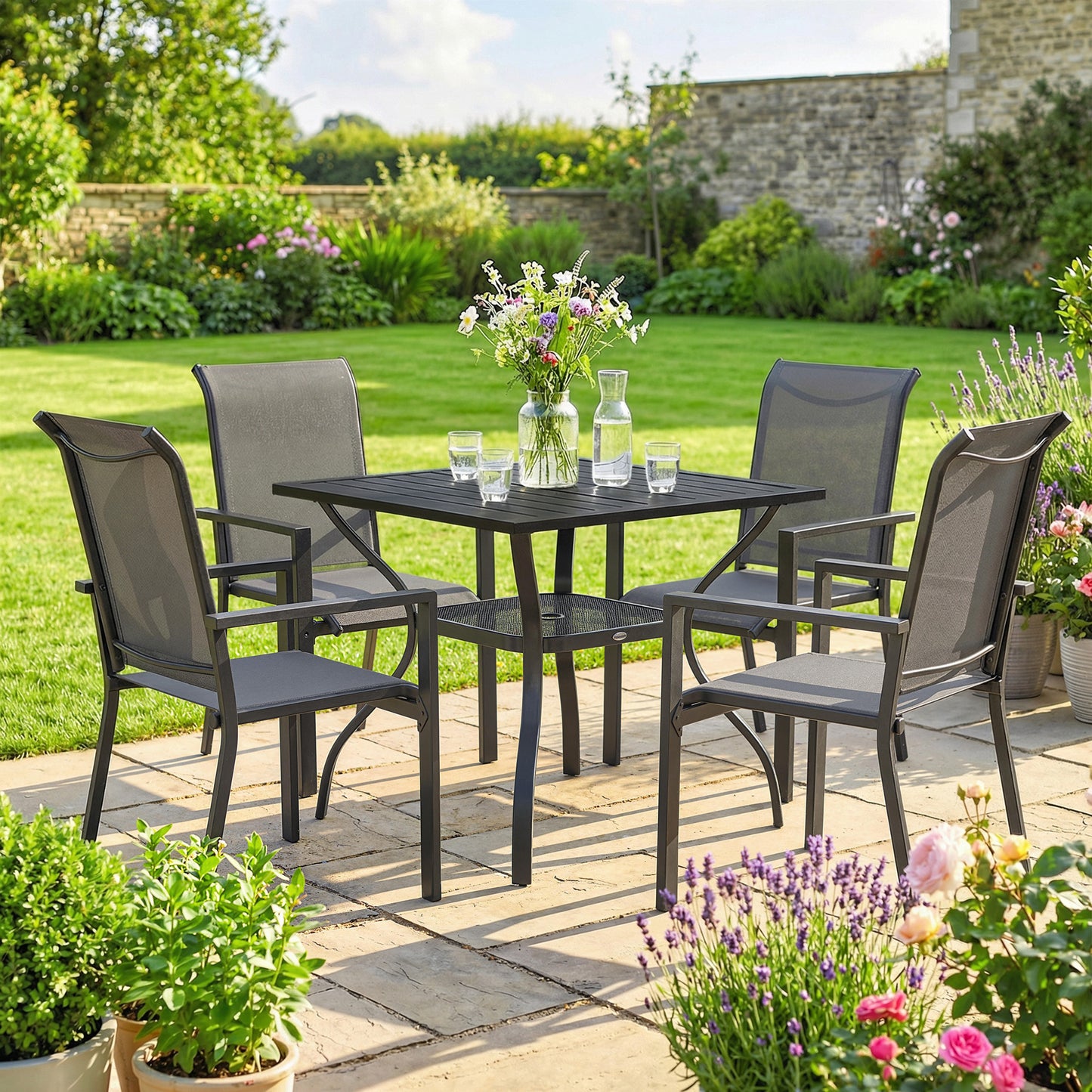 Outsunny 5 Piece Outdoor Dining Set for 4 With Table and Stackable Chairs Breathable Mesh Seats Parasol Hole Grey