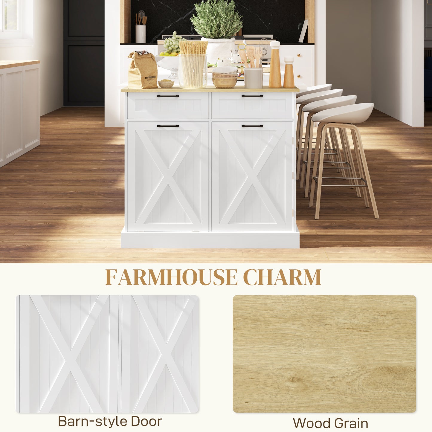 HOMCOM Farmhouse Sideboard With Tilt Out Trash Bin, White Finish, 2 Drawers, Adjustable Shelves, Door Racks
